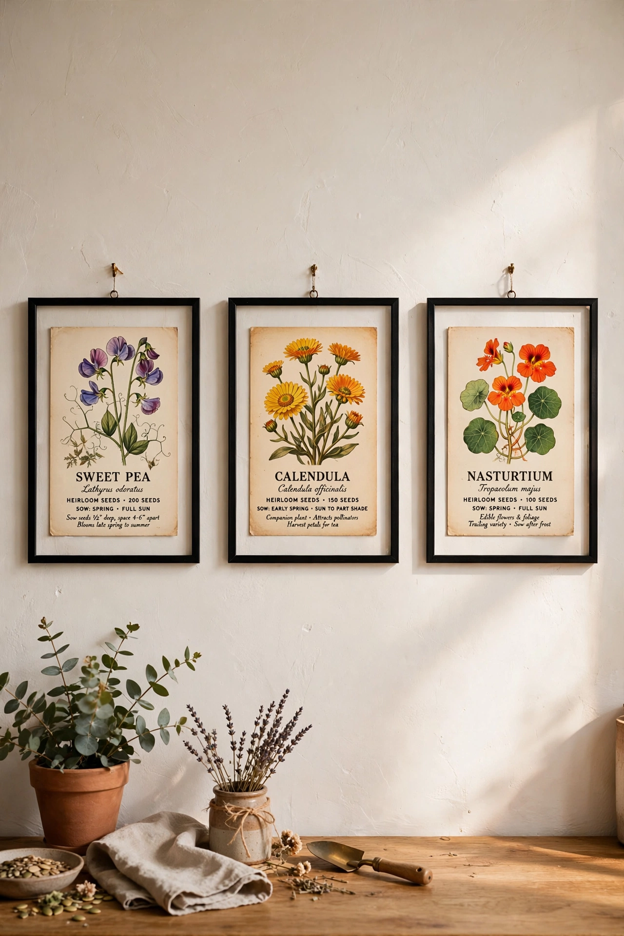 three framed vintage seed packet prints in kitchen