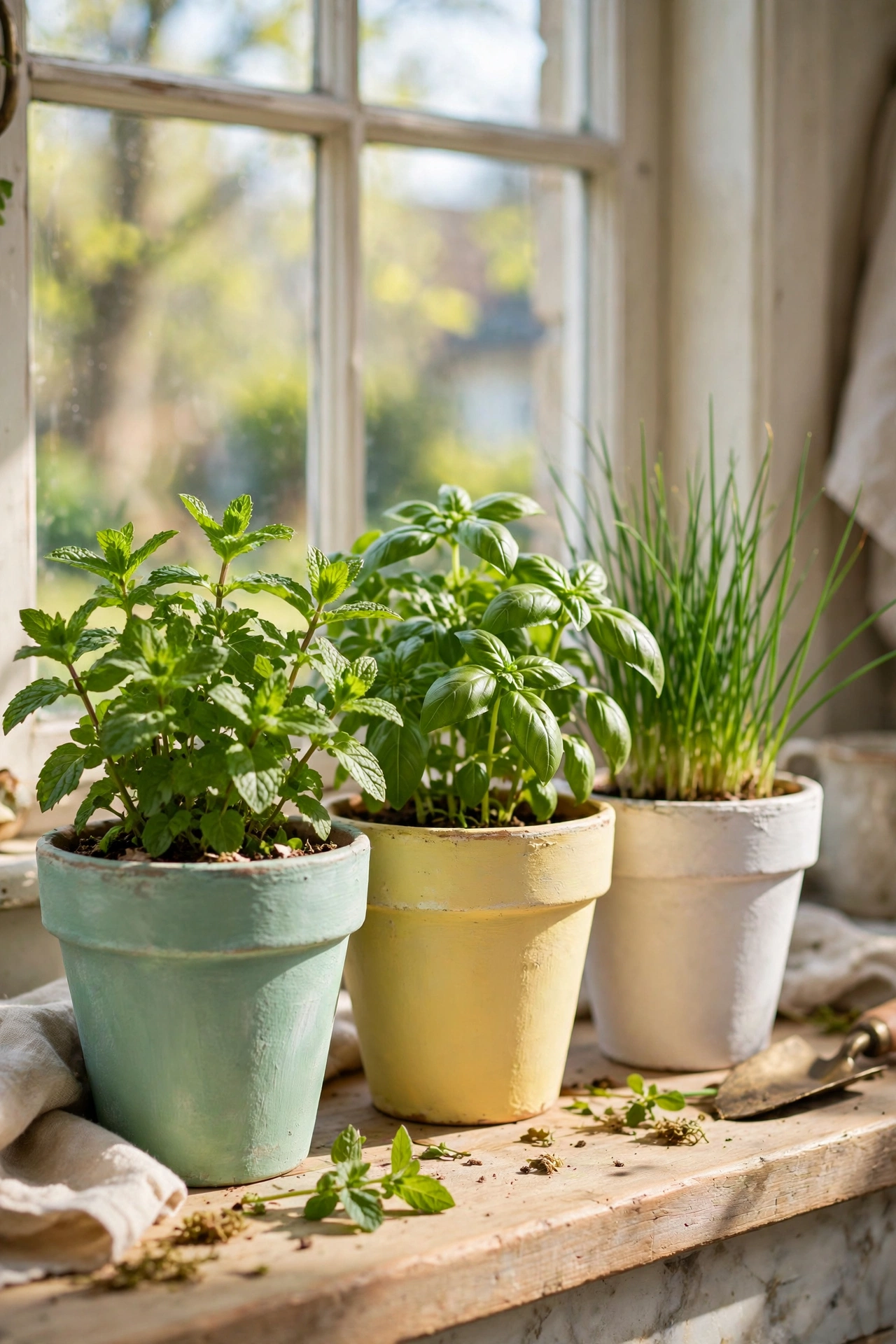 pastel painted terracotta pots with fresh basil and mint on windowsill