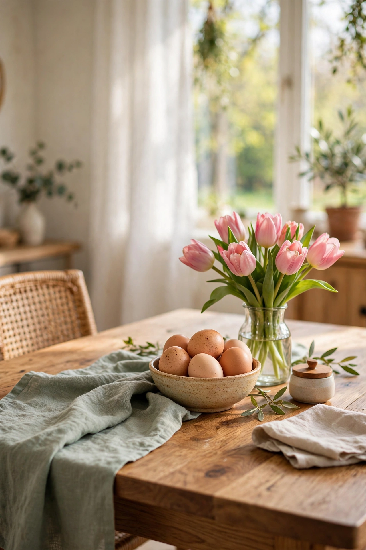 soft sage table runner slightly off centre on dining table