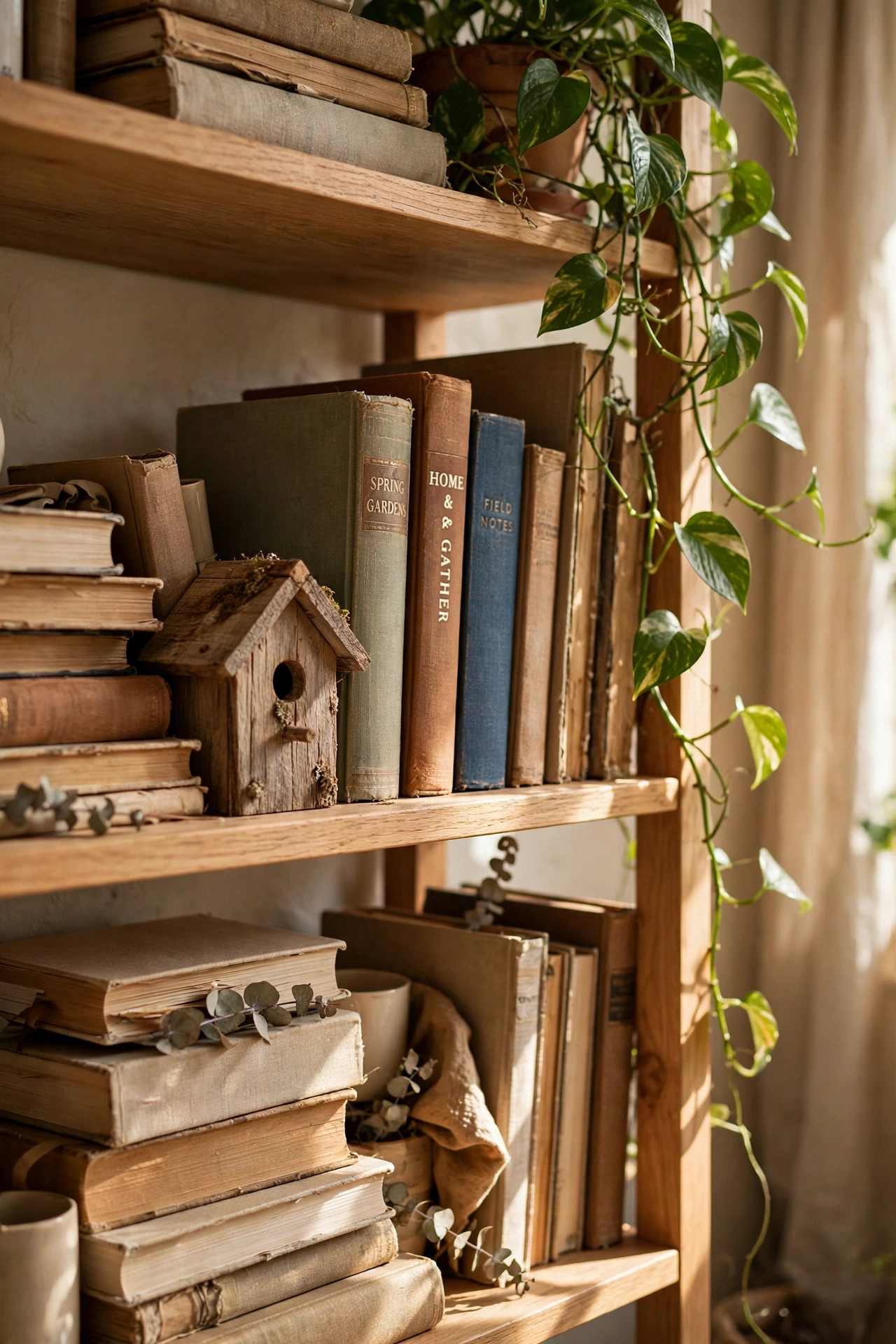 small natural wood birdhouse styled on living room bookshelf