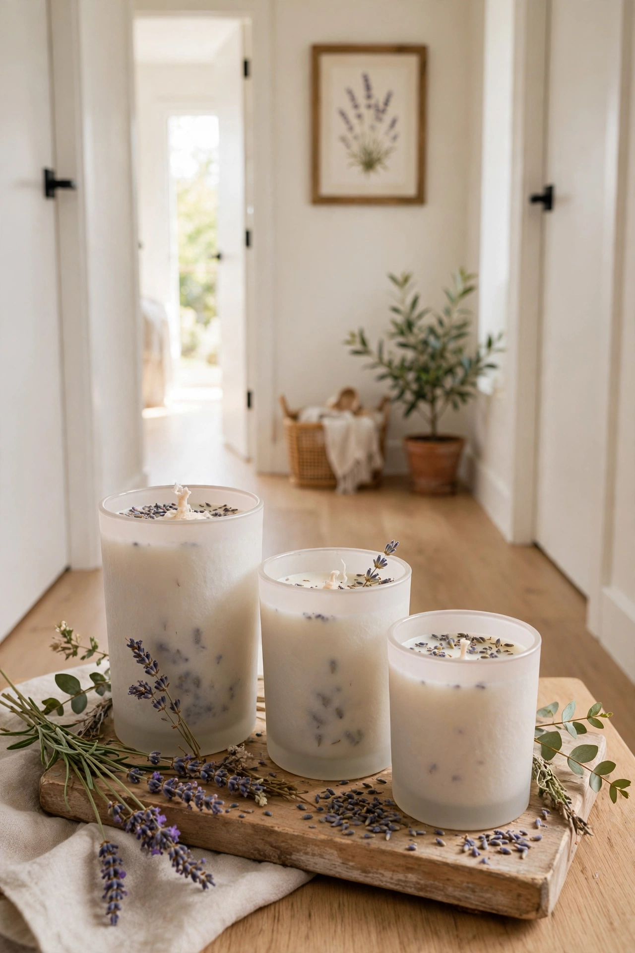 tray of lavender scented candles in hallway