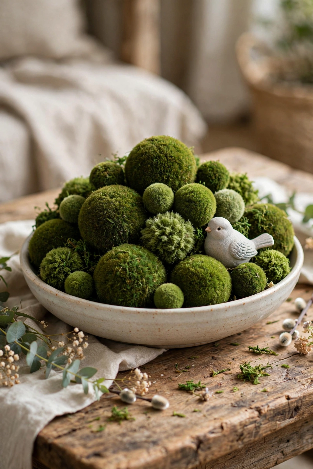 shallow bowl heaped with faux moss balls on coffee table