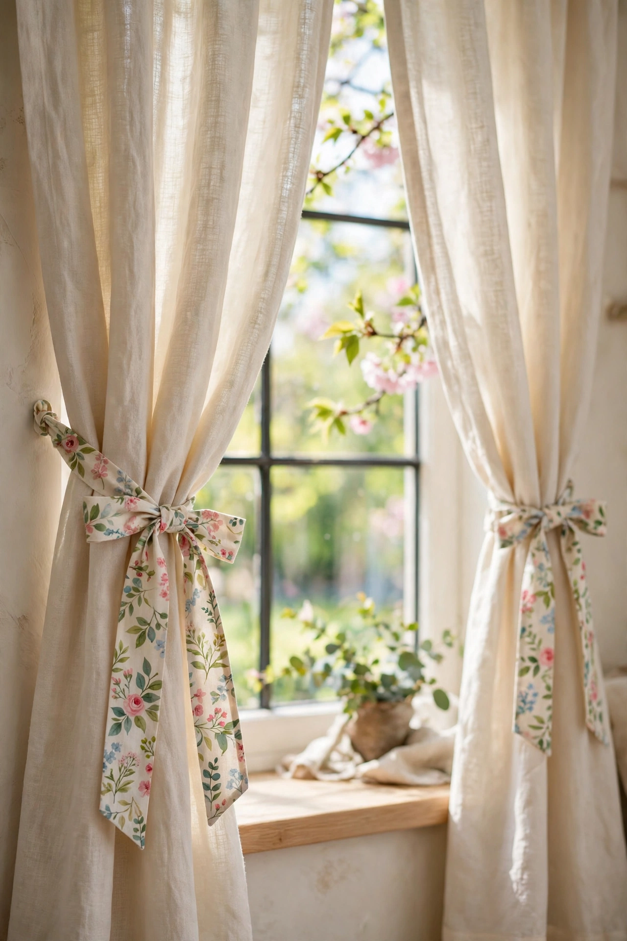cream curtains tied with floral ribbon tiebacks
