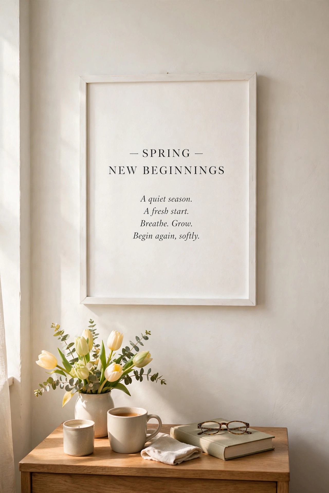 framed serif spring quote print on bedroom wall