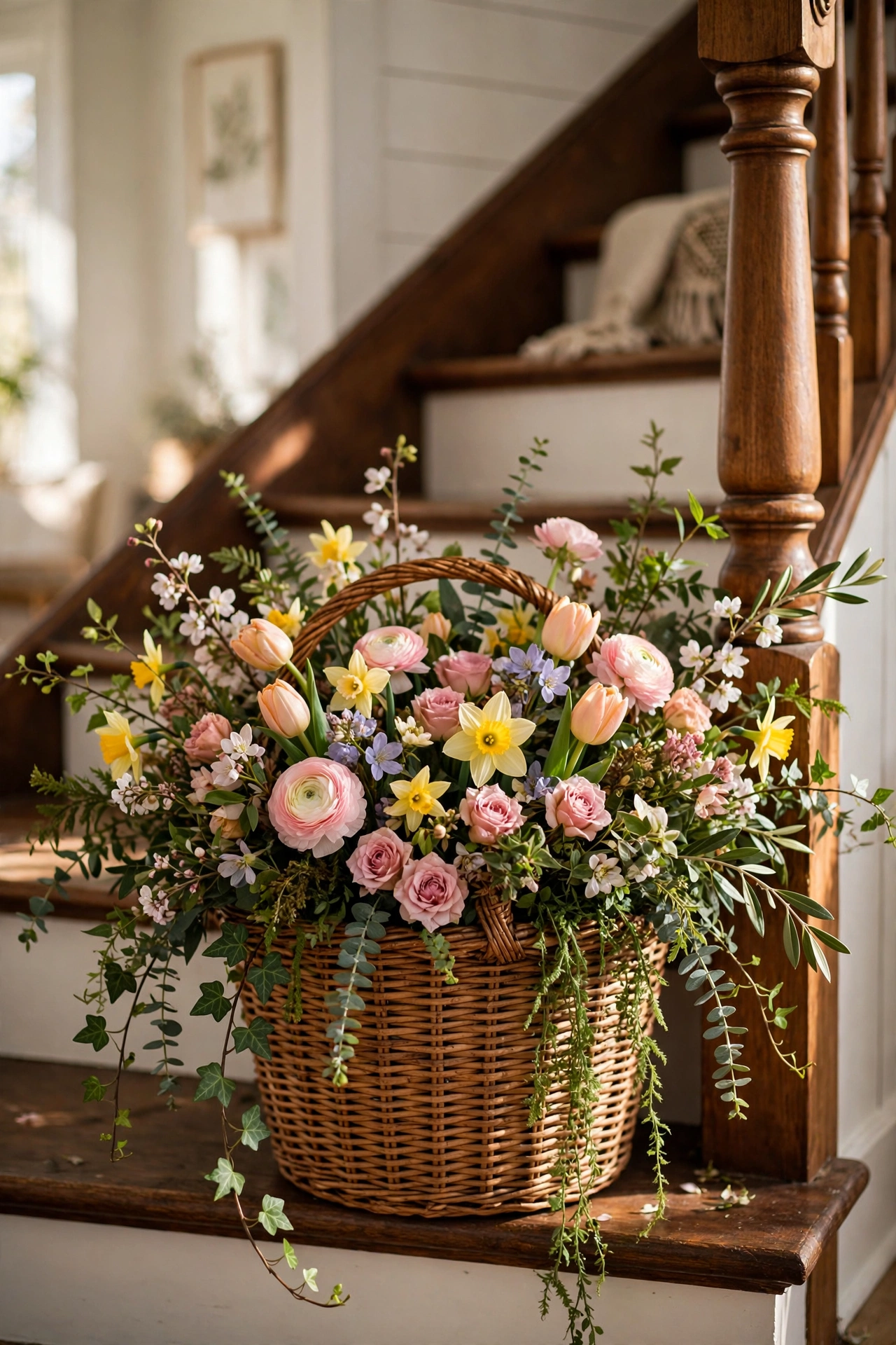 handled woven basket overflowing with faux spring blooms