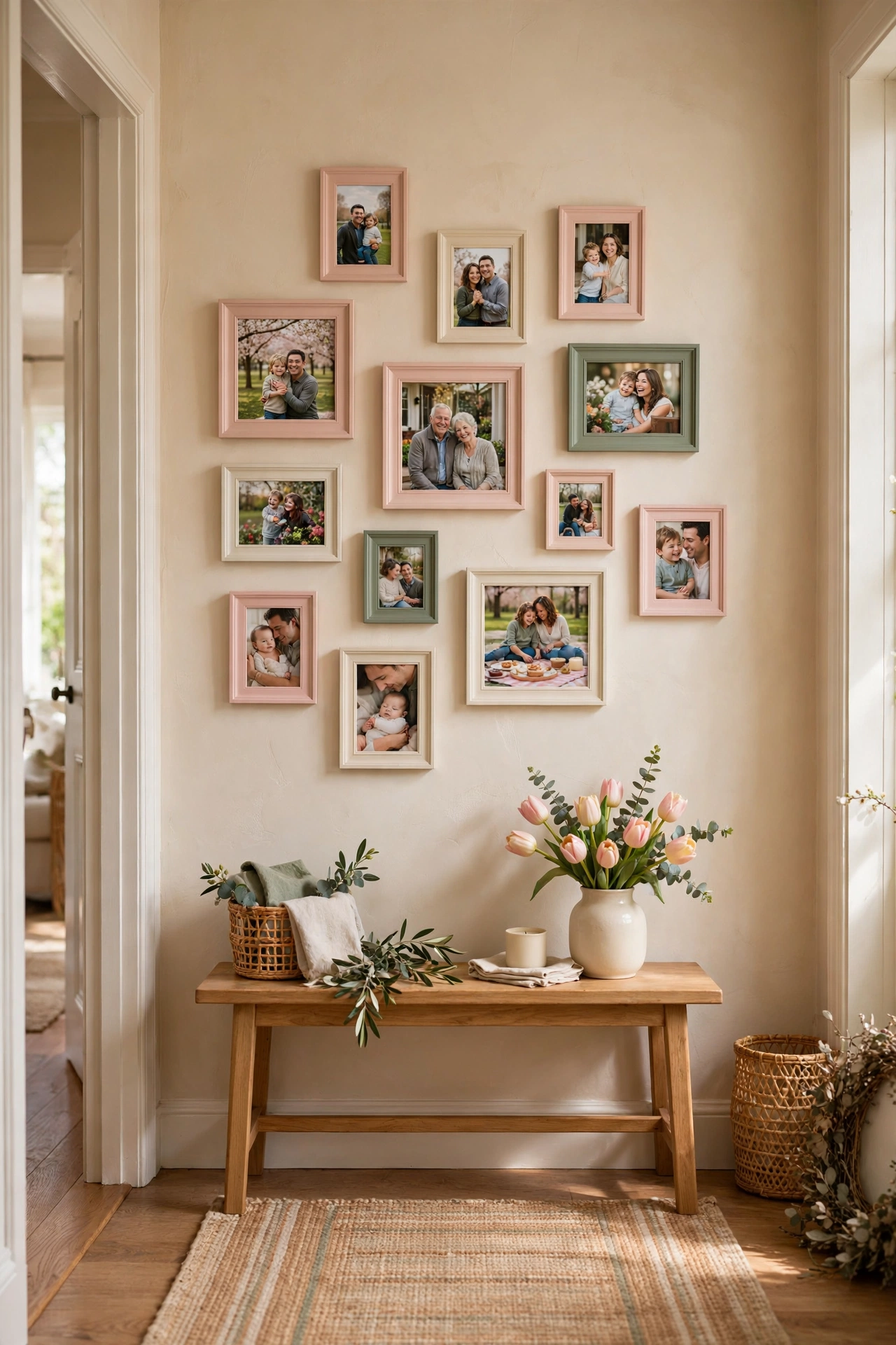 hallway gallery of pastel photo frames with family pictures