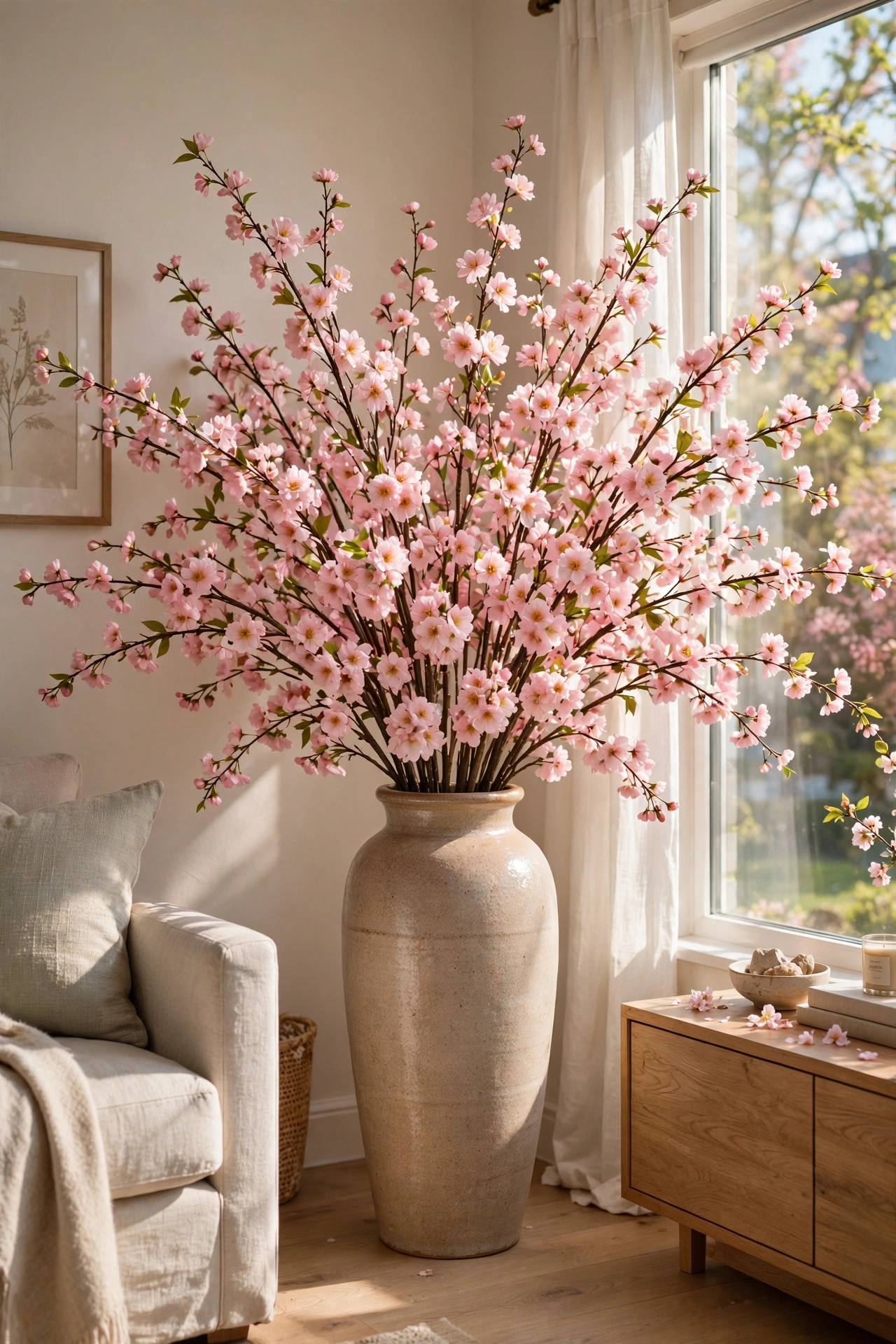 tall floor vase with faux cherry blossom branches in bright corner