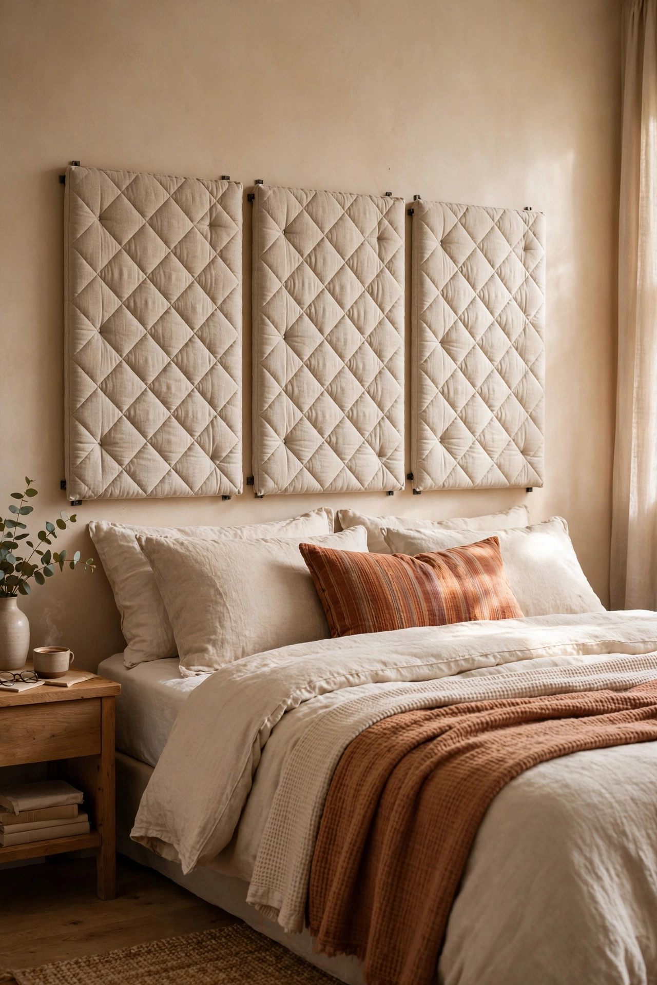 fabric covered foam headboard panels behind bed, dollar tree bedroom decor