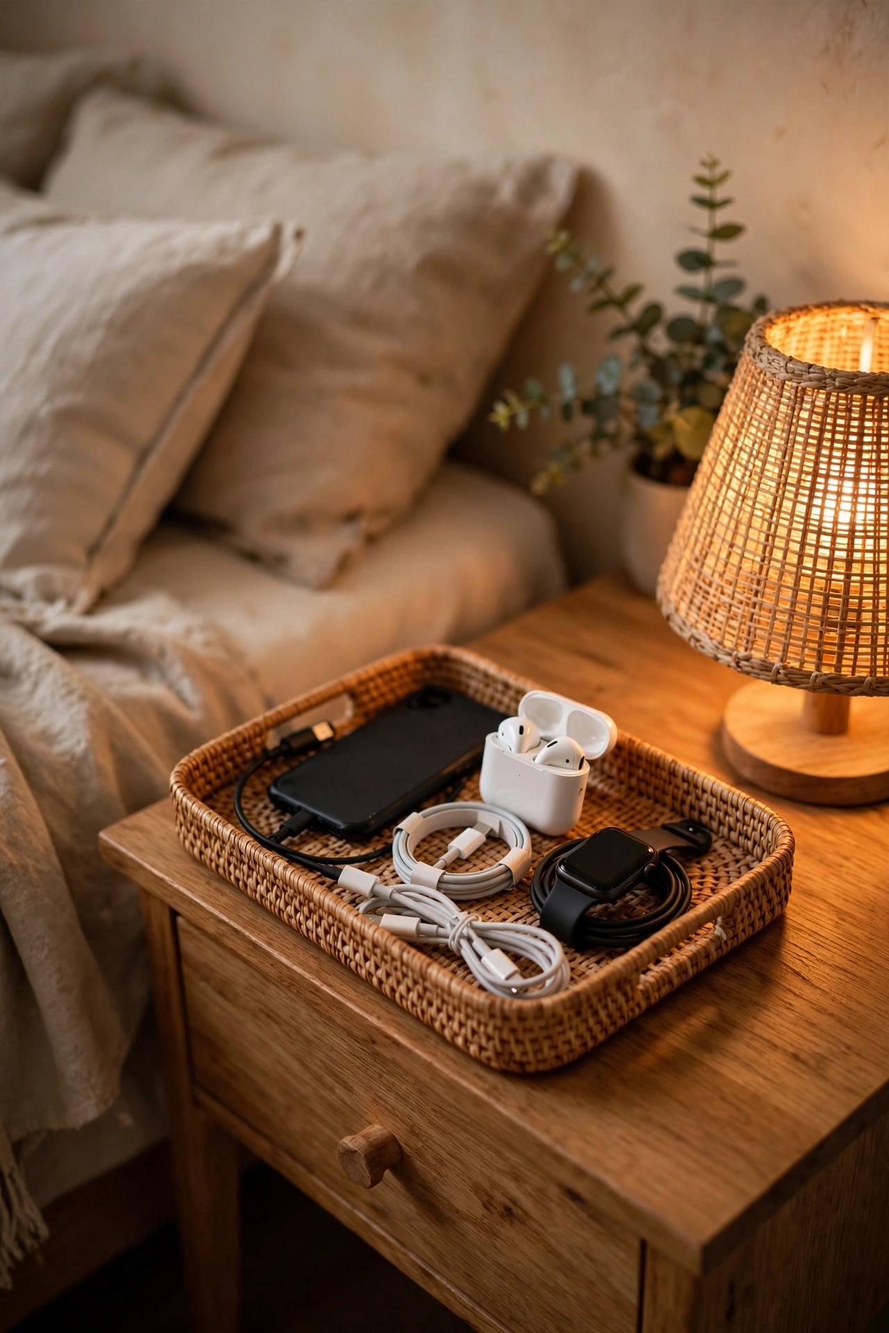 small tray with phone and chargers neatly organised on nightstand