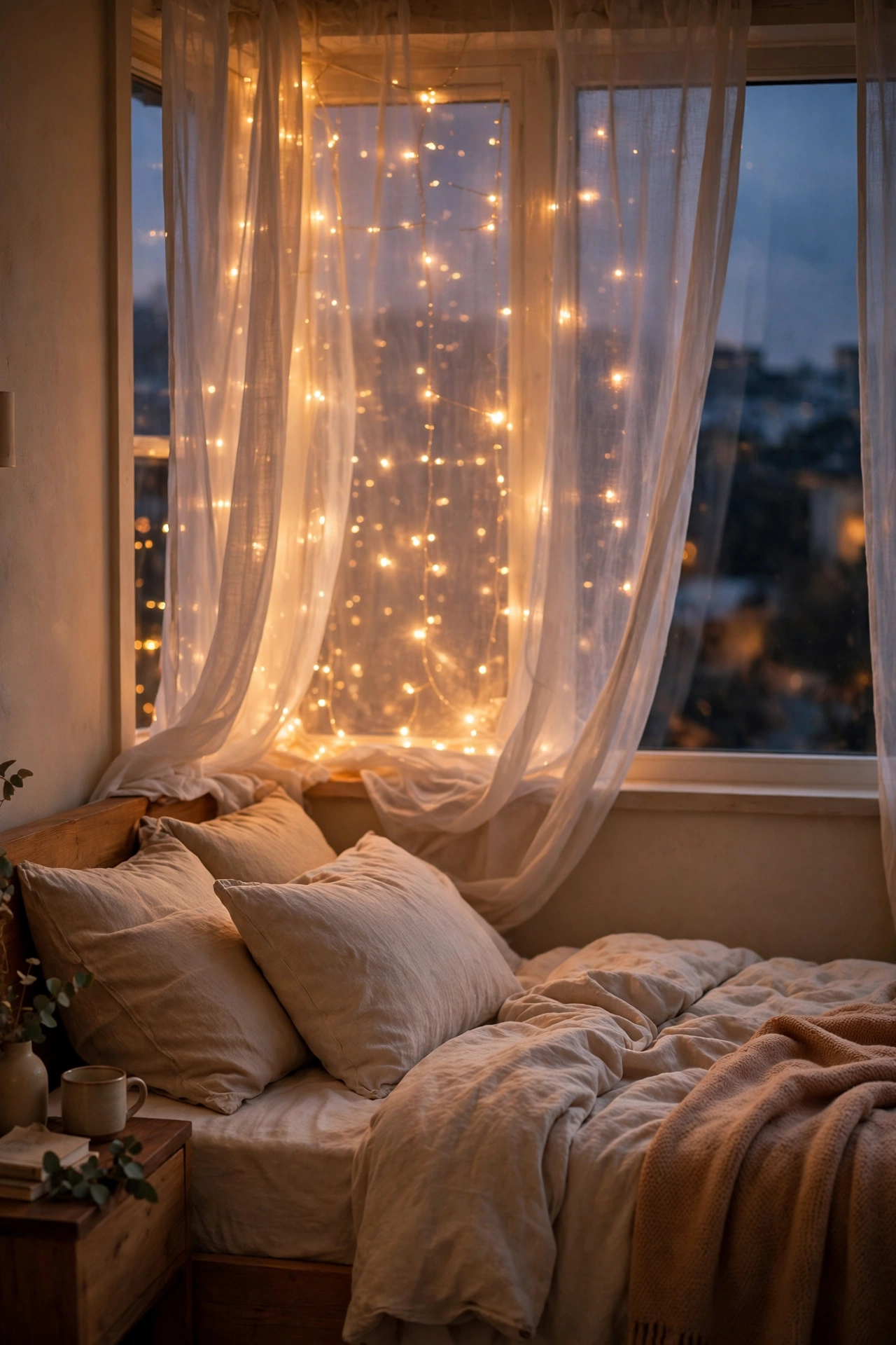 warm fairy lights glowing behind sheer bedroom curtains at dusk