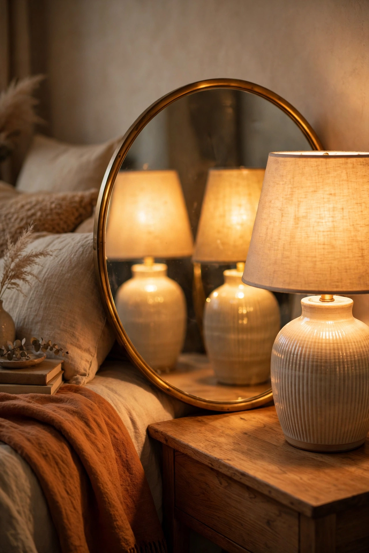 round mirror propped behind glowing bedside lamp on nightstand