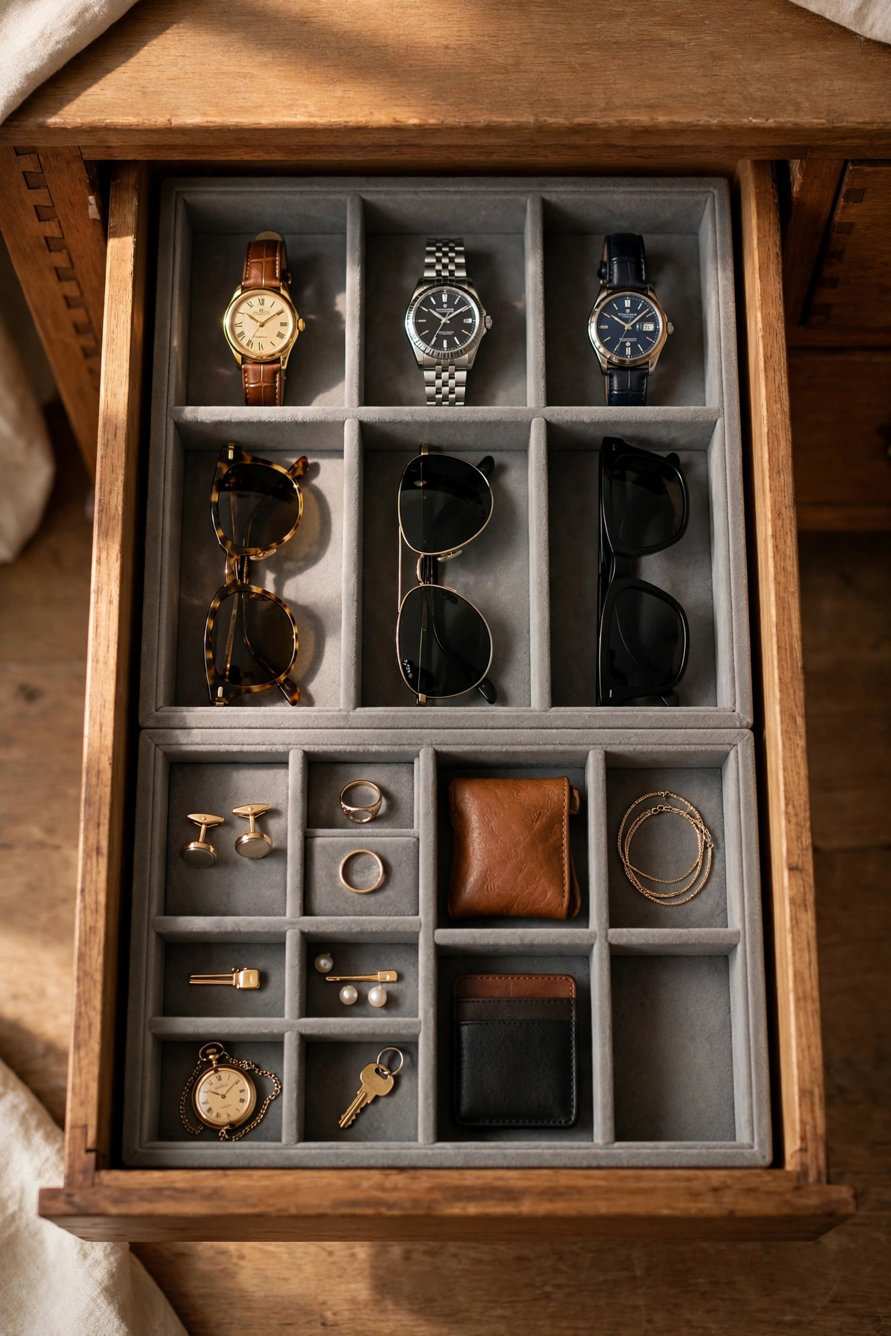 open dresser drawer with velvet organisers holding watches neatly