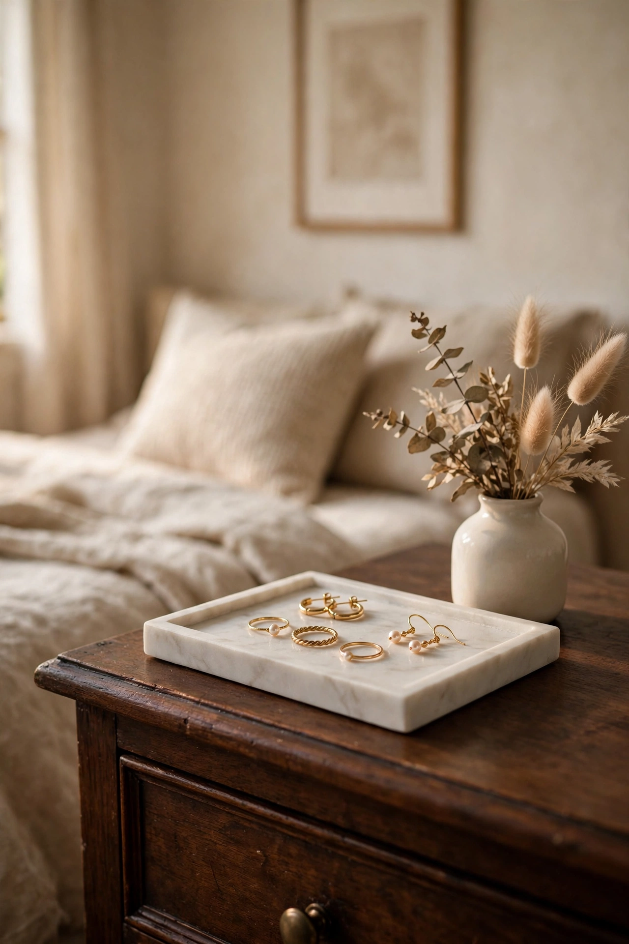 marble look tray with gold rings and earrings on dresser
