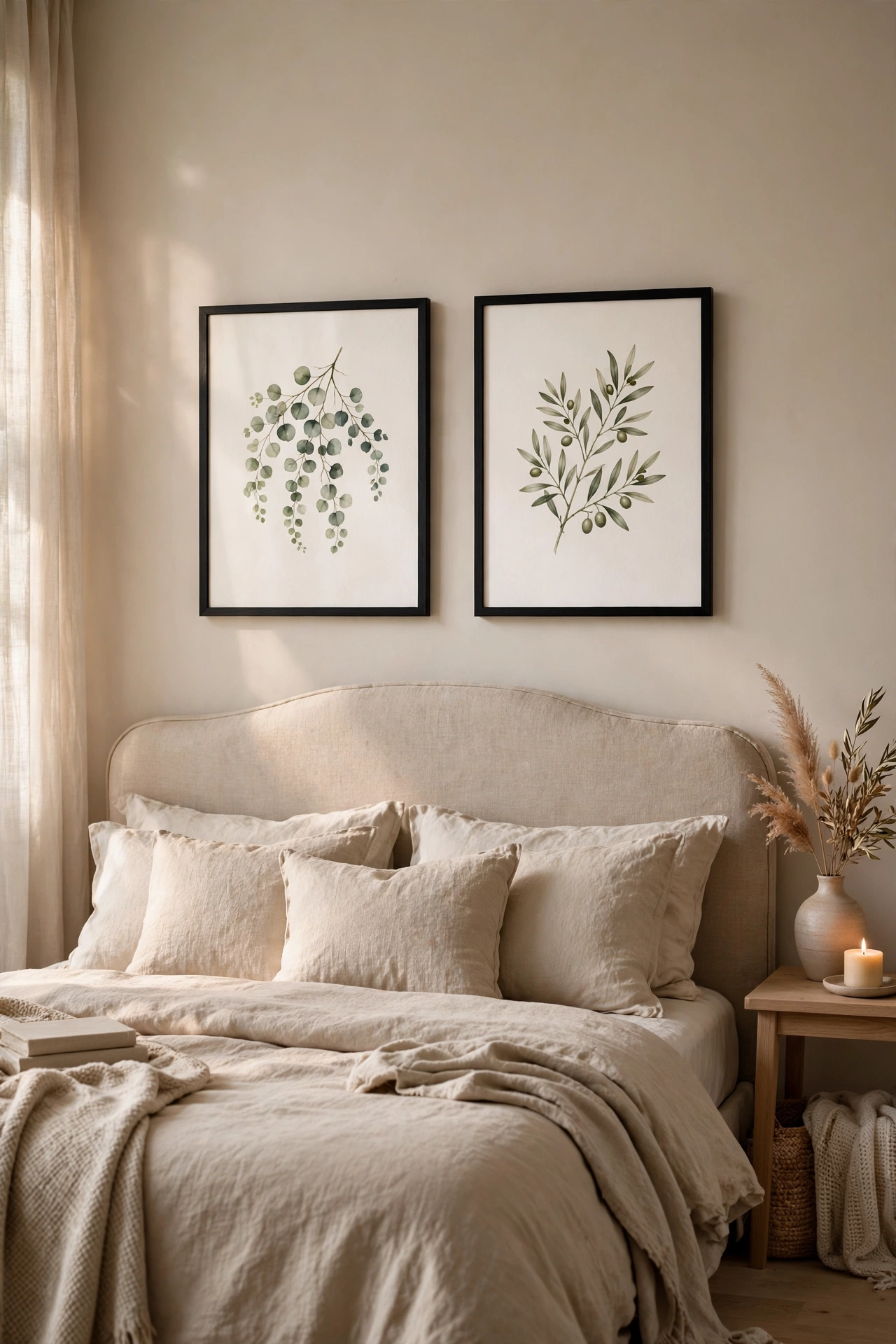 pair of framed botanical prints centred above bed headboard