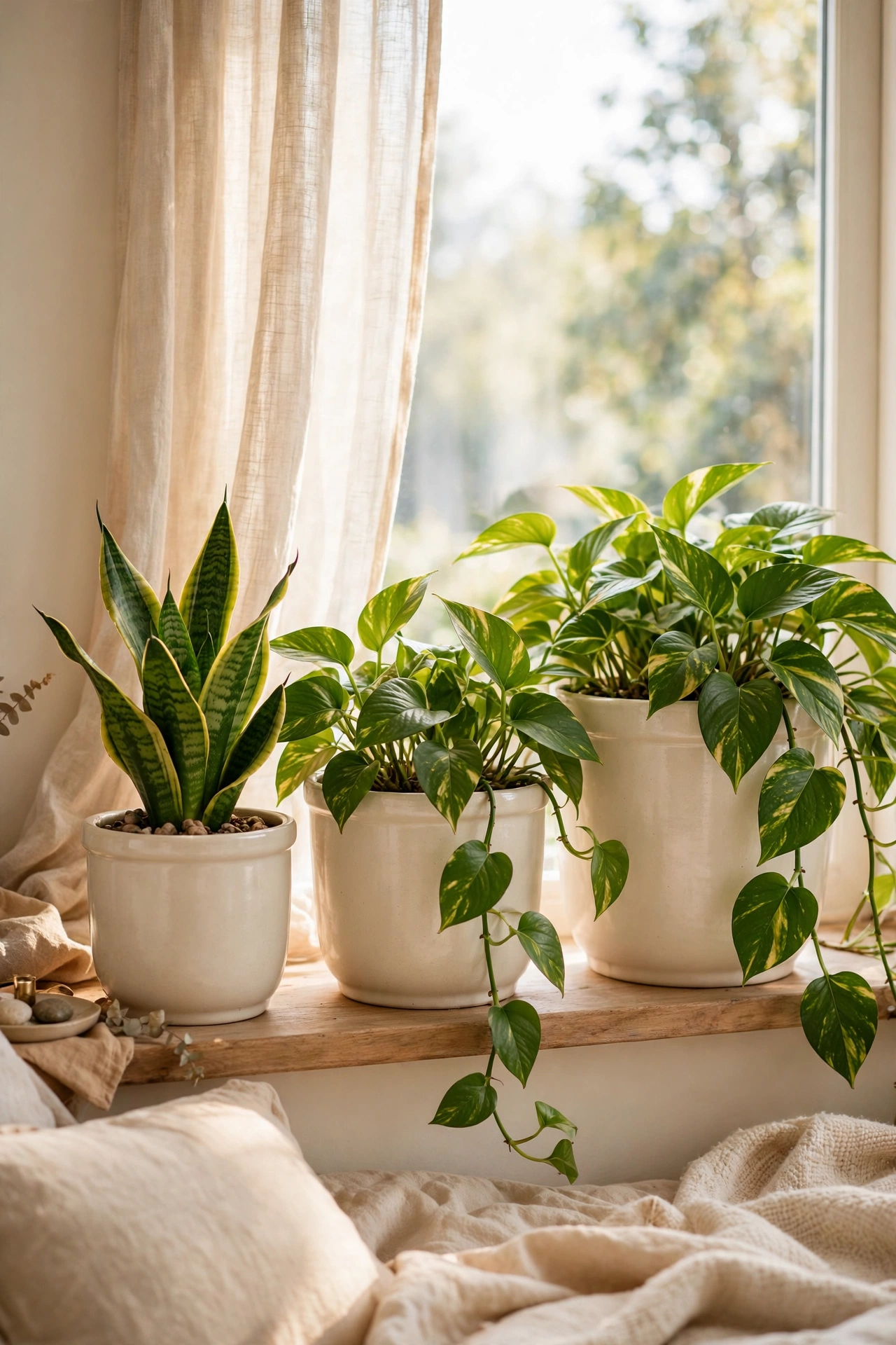 row of small ceramic pots with green plants on bedroom windowsill