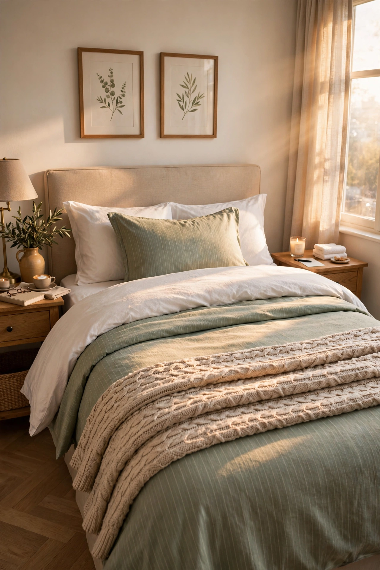 bed with folded throw across foot and turned back duvet layers