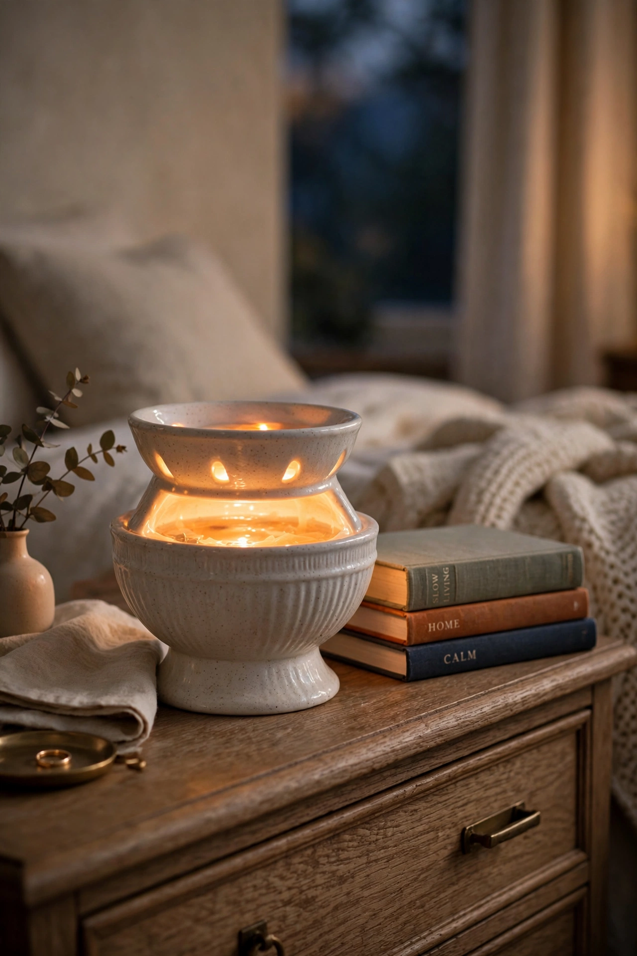 ceramic wax warmer with soft glow on bedroom dresser
