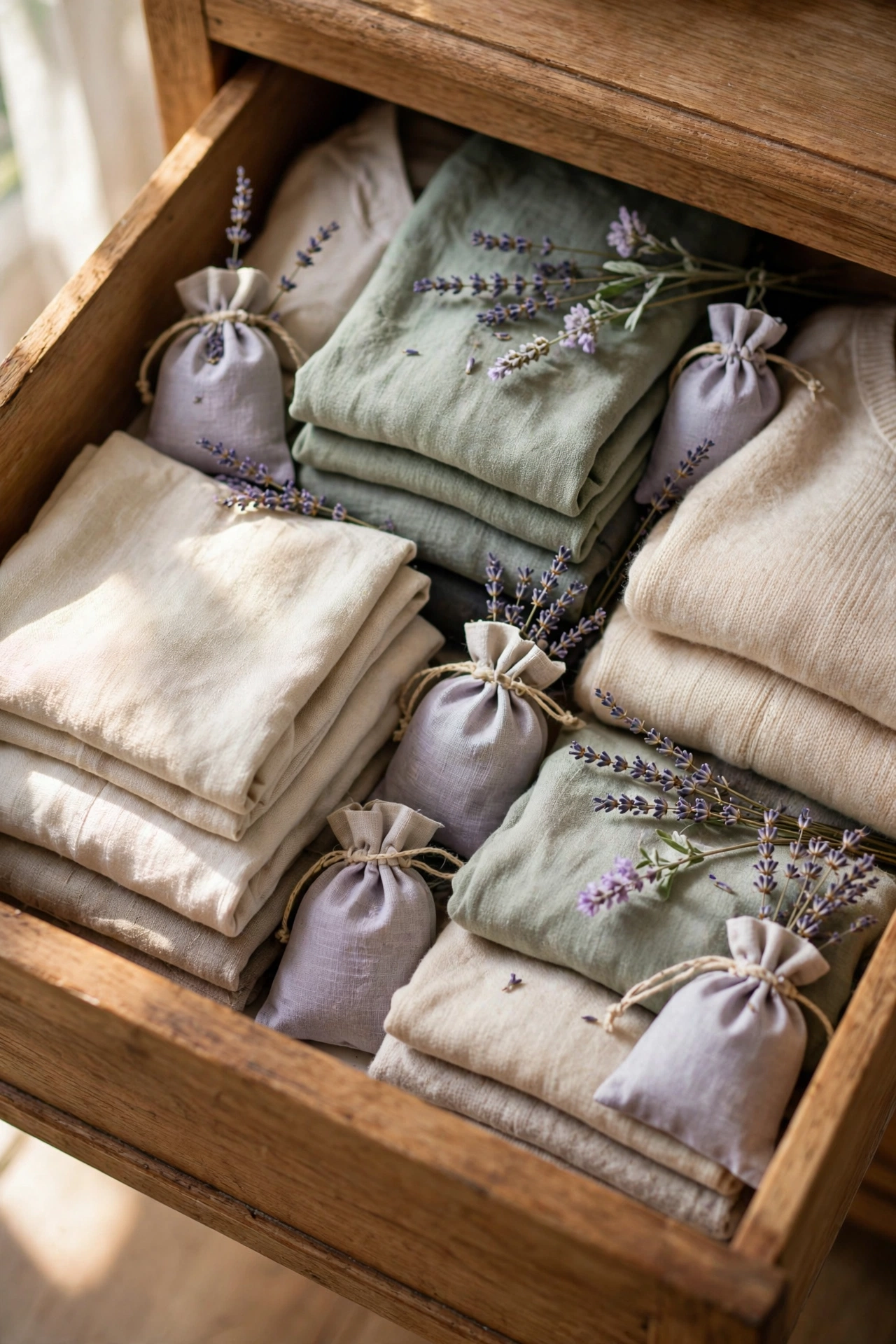 open clothes drawer with lavender sachets among folded clothes