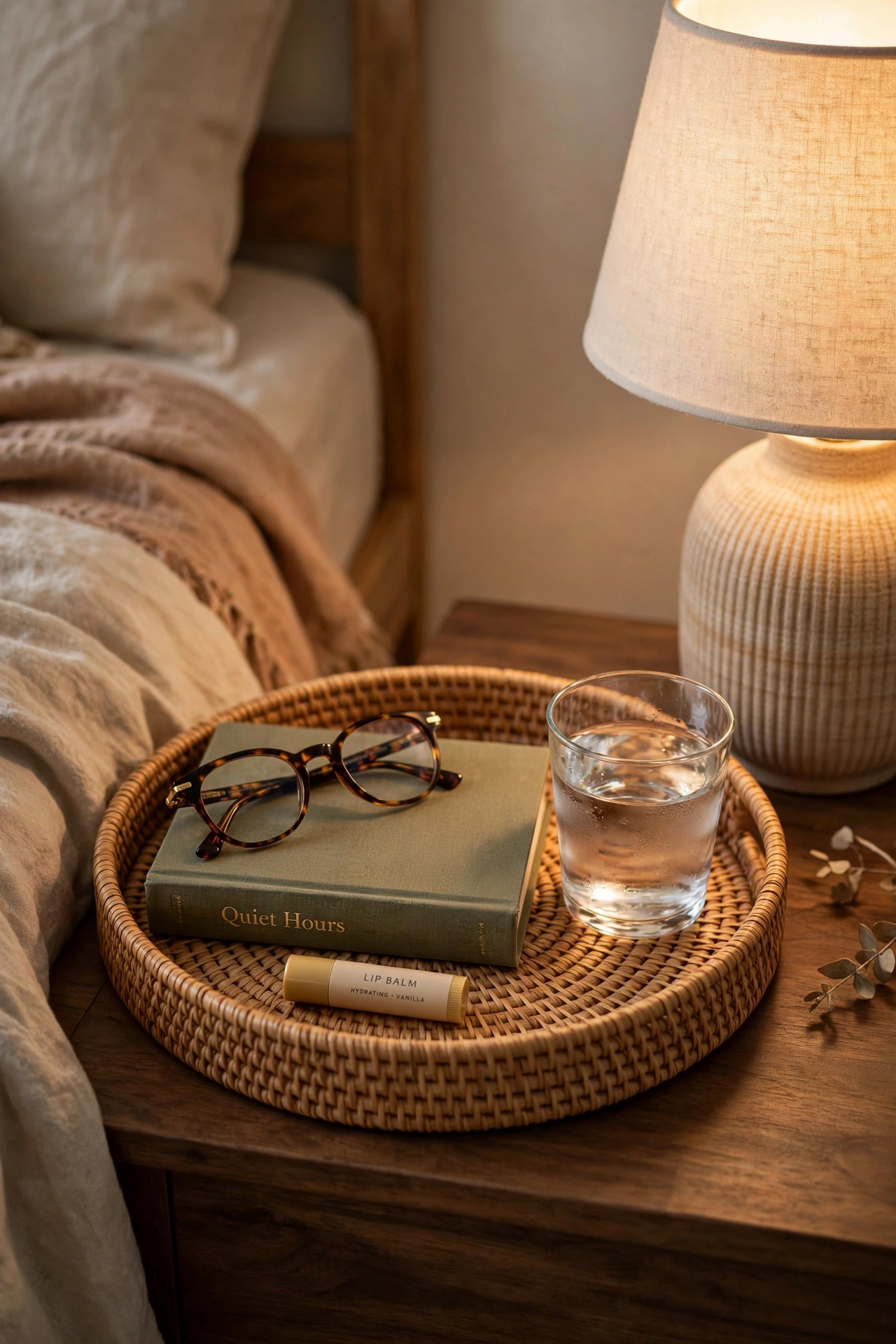woven tray corralling glasses book and lip balm on nightstand