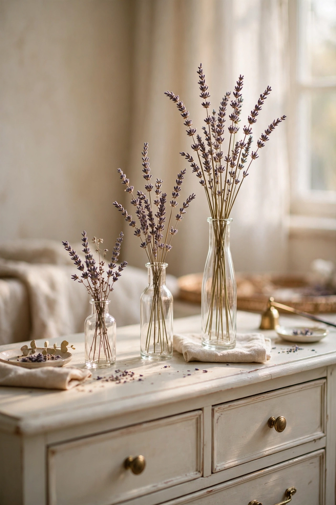 trio of bud vases with dried lavender on bedroom dresser