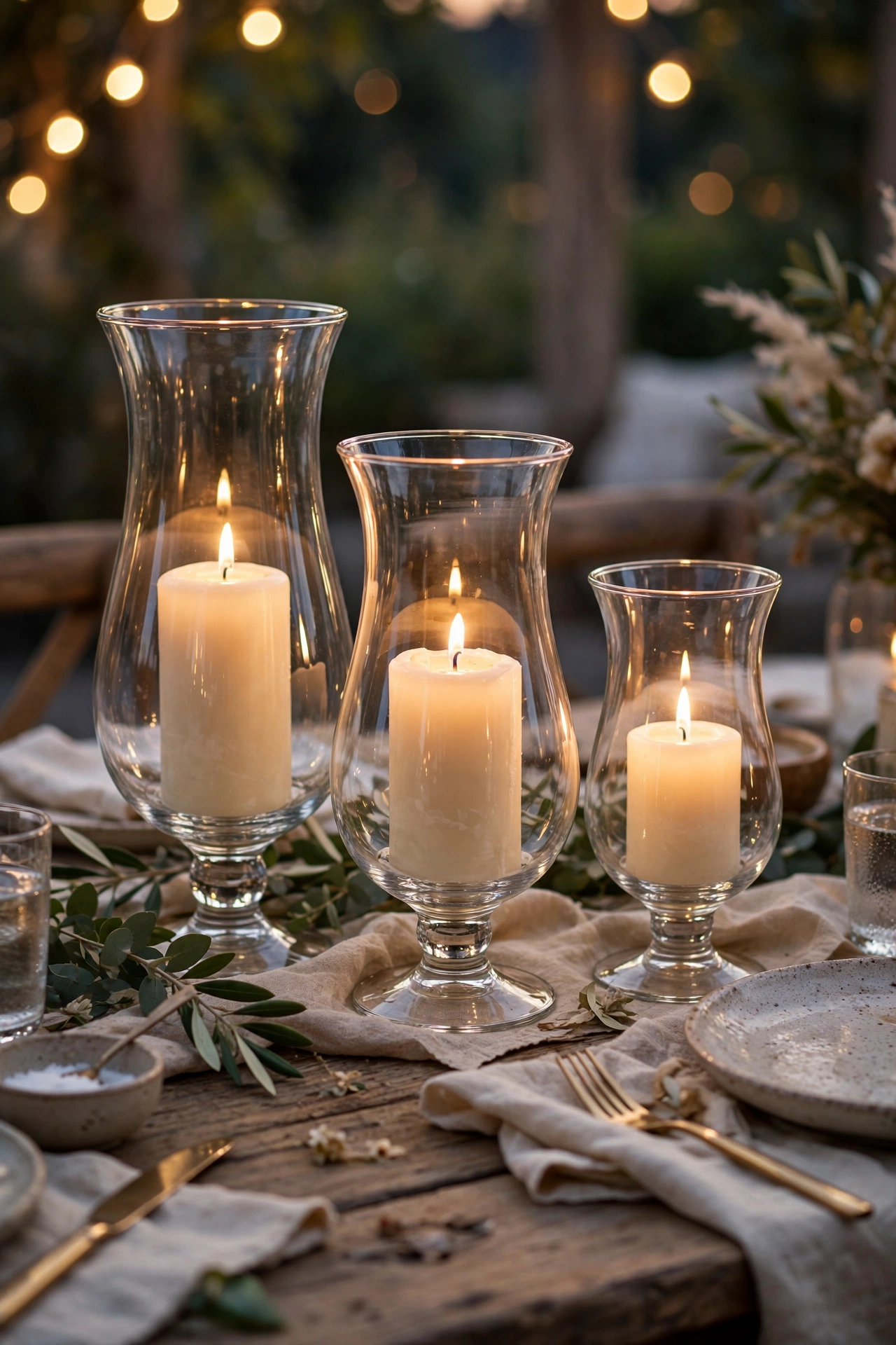 three hurricane glass candle holders with cream pillars, dollar tree centerpiece