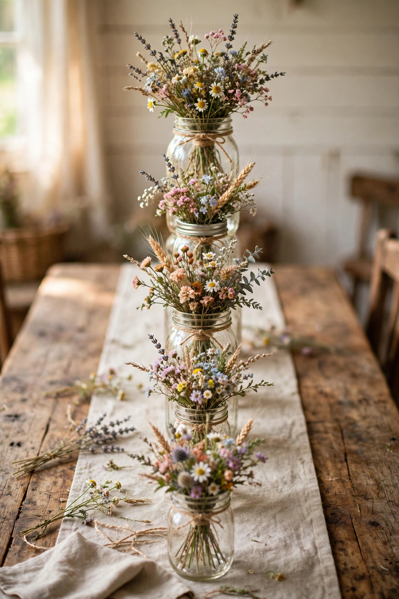mason jars with loose faux wildflower posies and twine