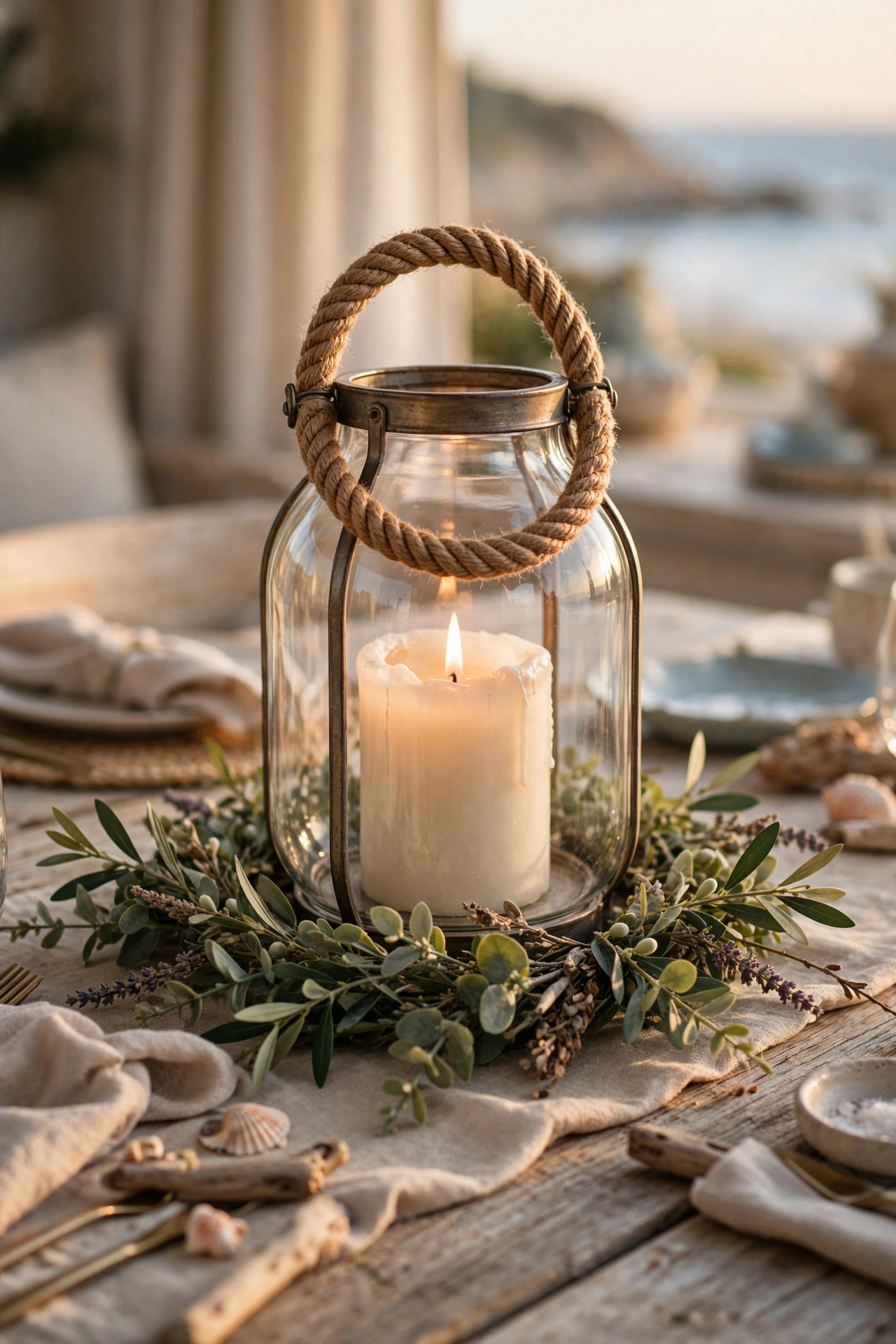 glass lantern with rope handle and pillar candle on table