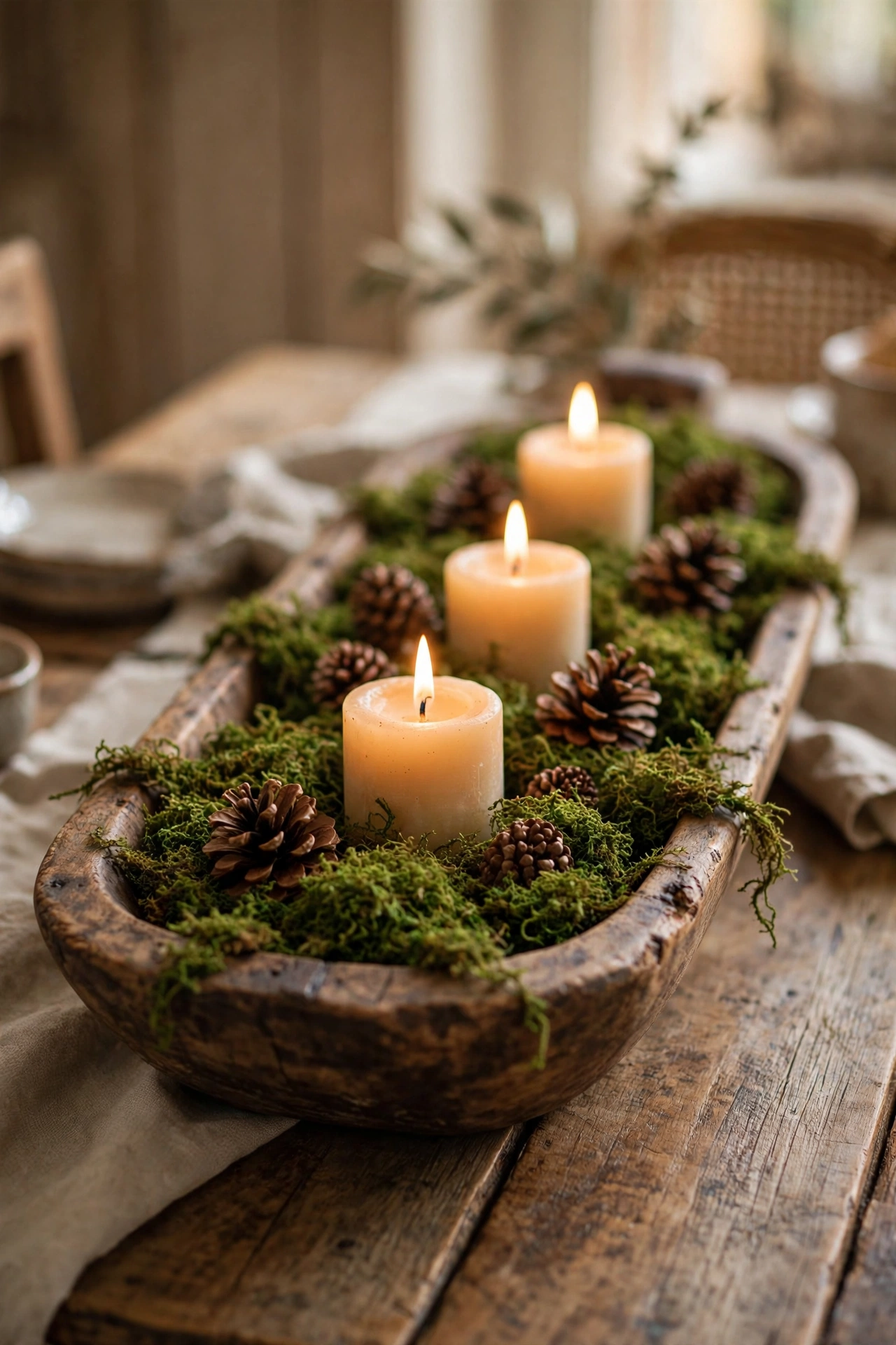 wooden dough bowl filled with moss pillar candles and pinecones