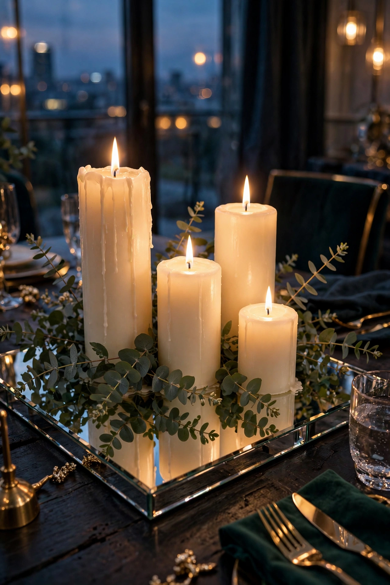 mirrored tray with mixed height pillar candles and greenery
