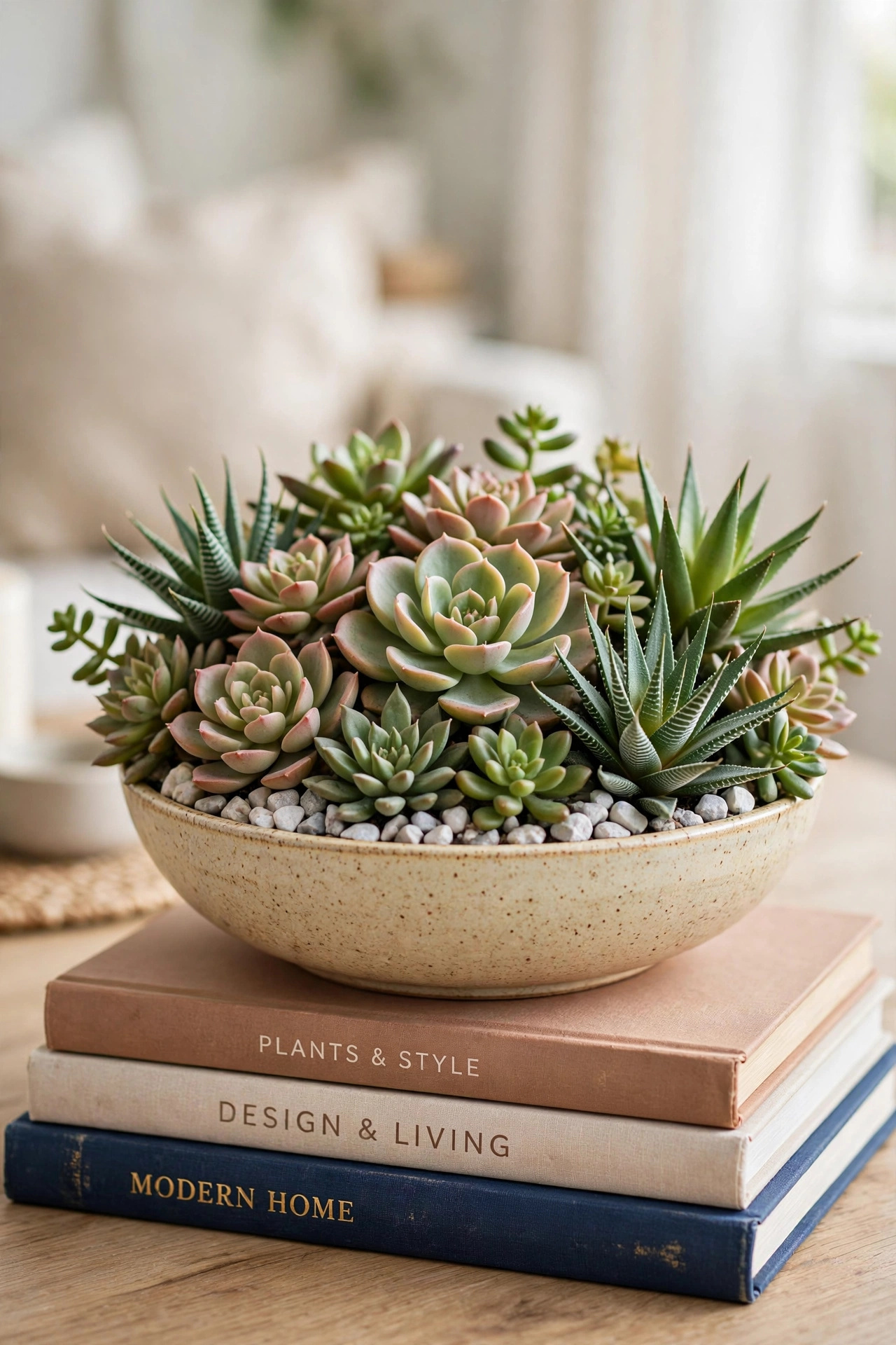 shallow bowl planted with mixed faux succulents and pebbles