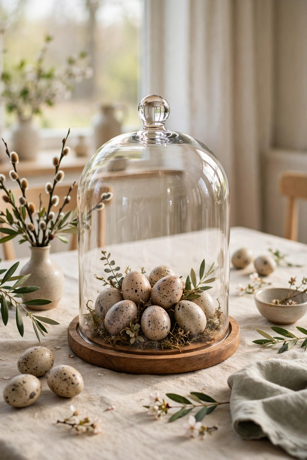 glass cloche over speckled eggs on wooden base
