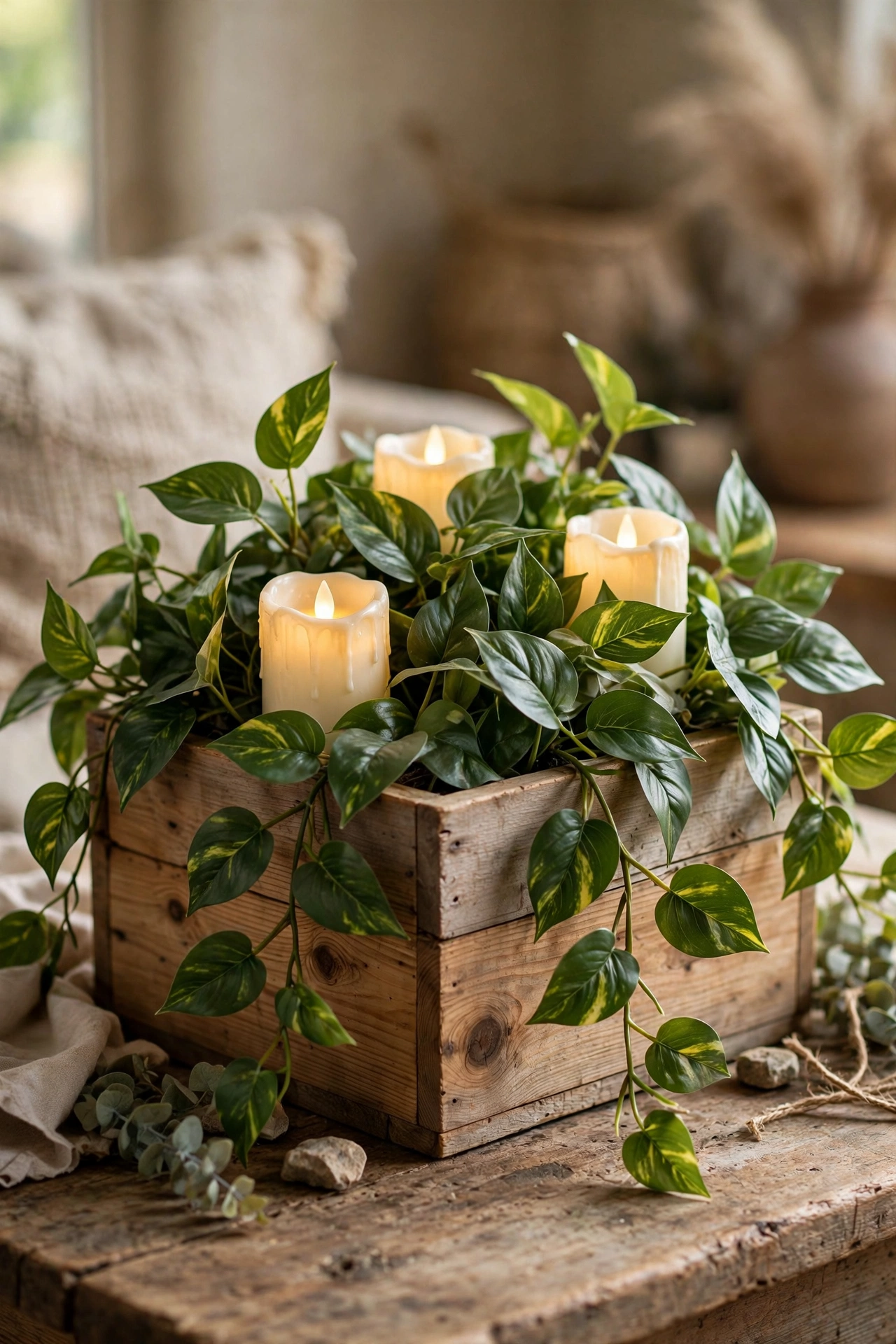 wooden box overflowing with trailing faux greenery and candles