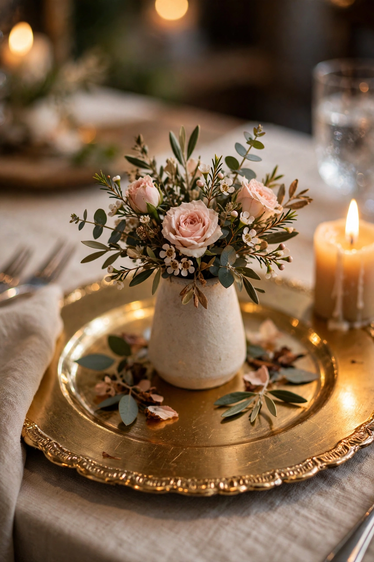 gold charger plate layered under small vase centrepiece