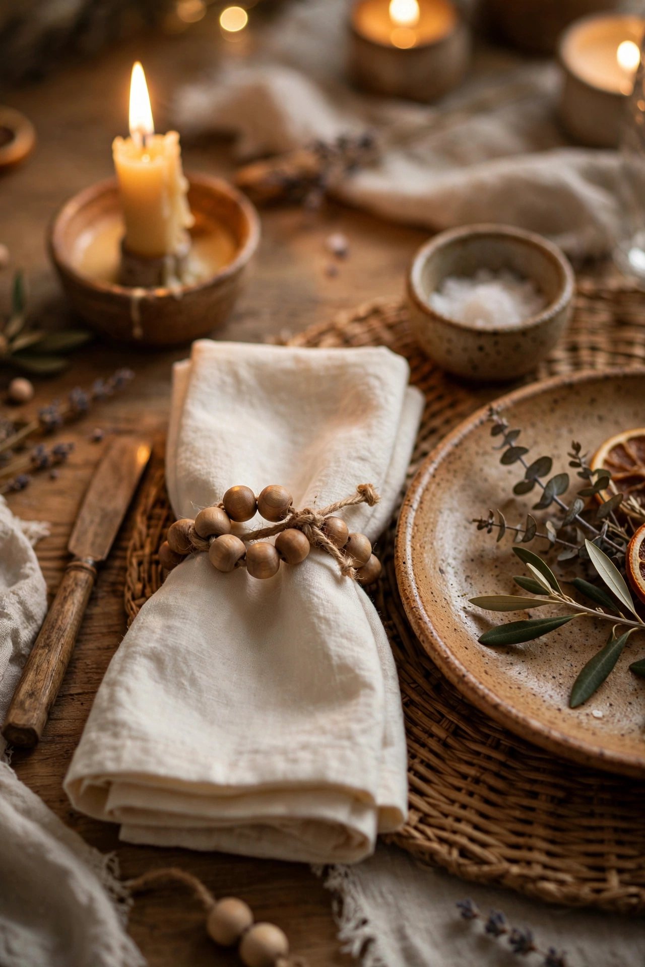wooden bead napkin rings on folded linen napkins