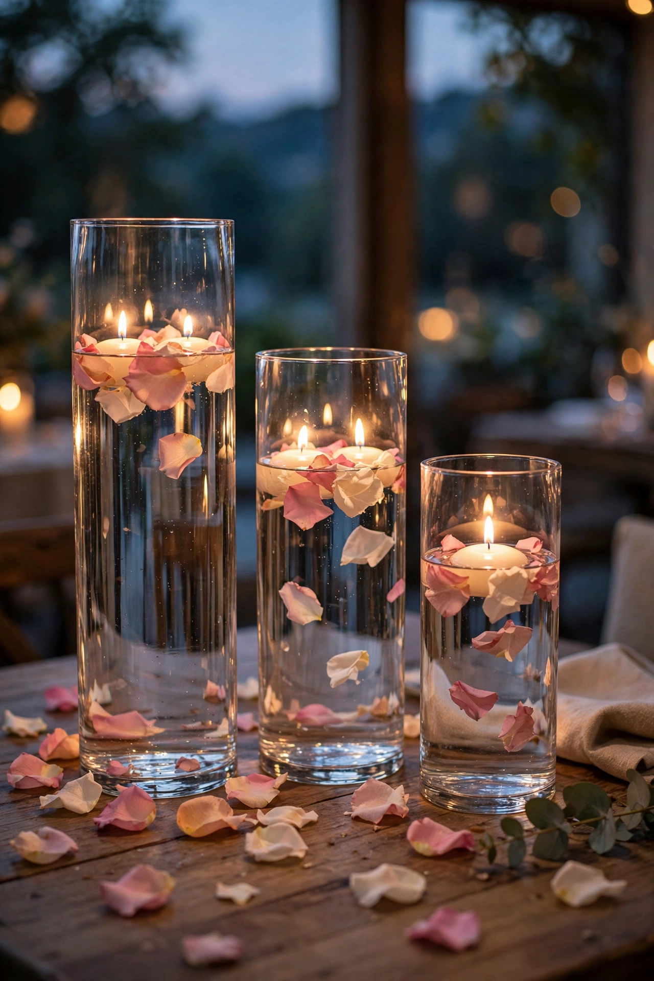tall cylinder vases with floating candles and petals