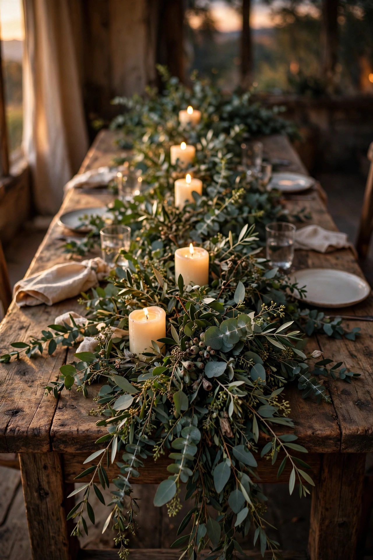 eucalyptus garland runner with tucked candles down long table
