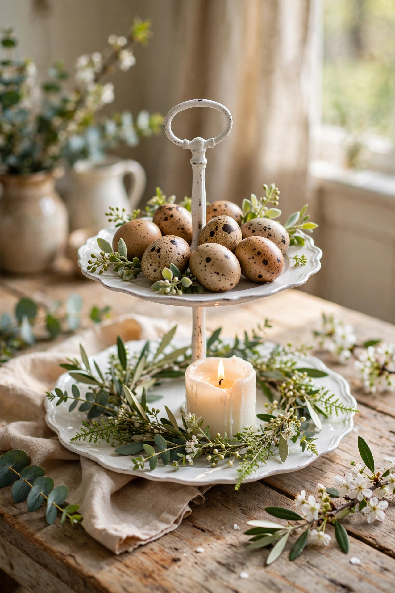 two tier tray styled with candle greenery and seasonal eggs