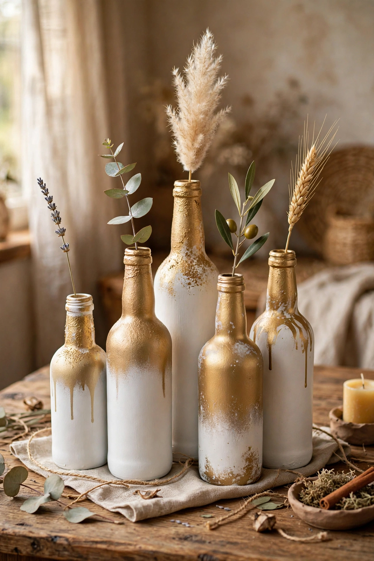 cluster of spray painted bottles as bud vases with single stems