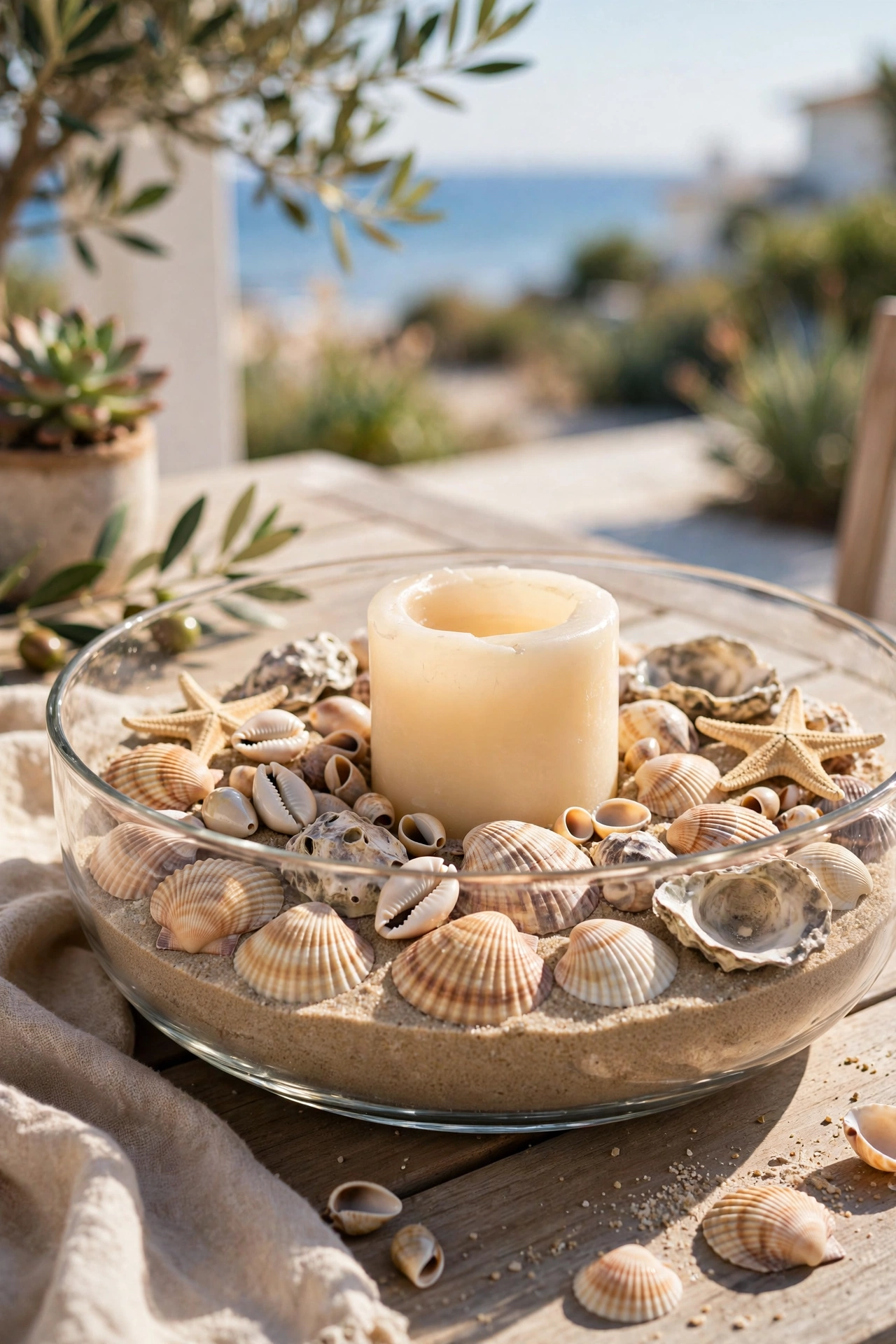 wide glass bowl filled with mixed shells and sand