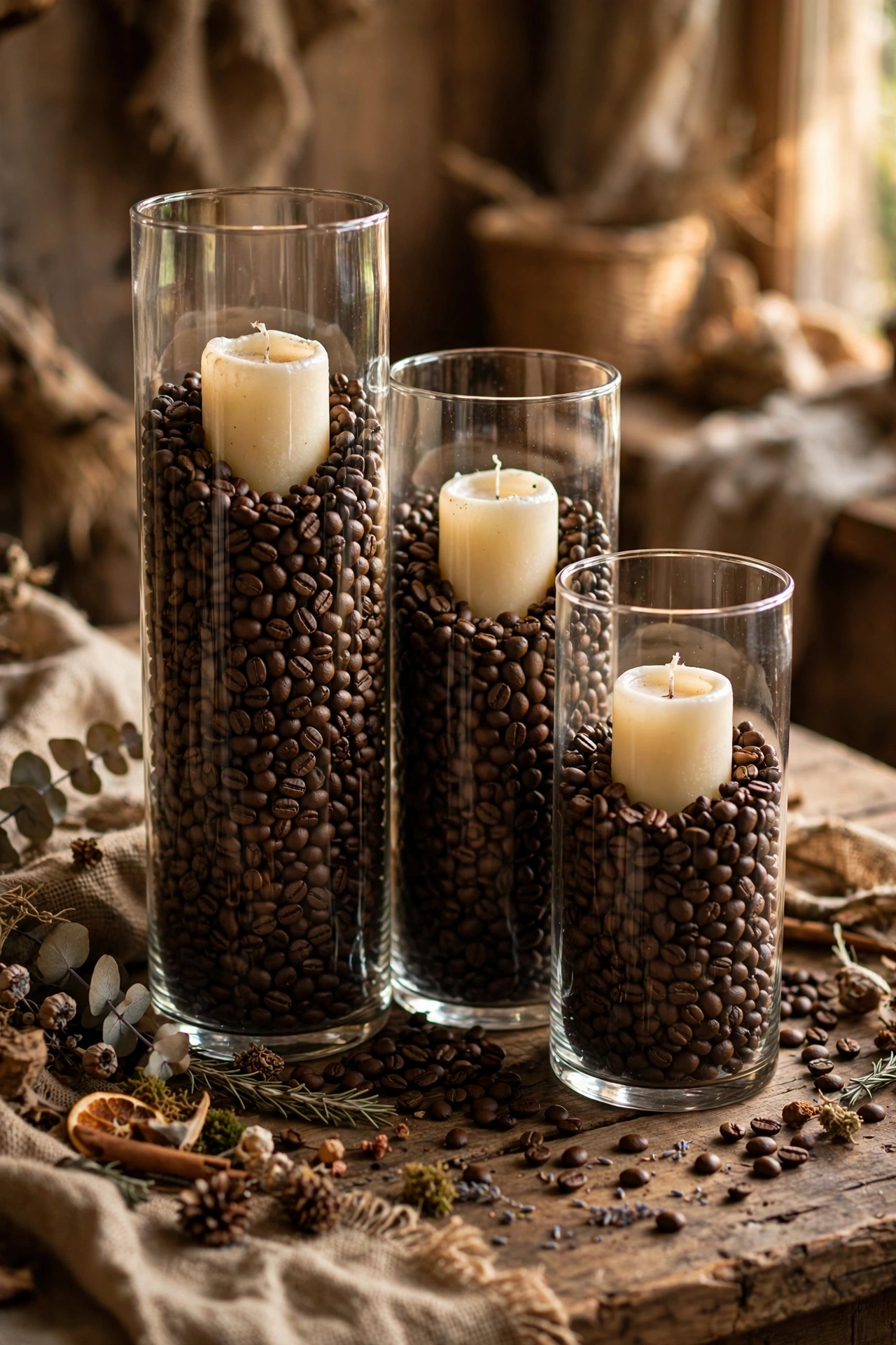 tall glass cylinders filled with coffee beans holding pillar candles