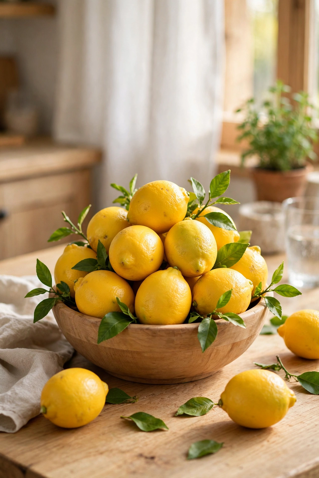 wooden bowl heaped high with fresh lemons and green leaves