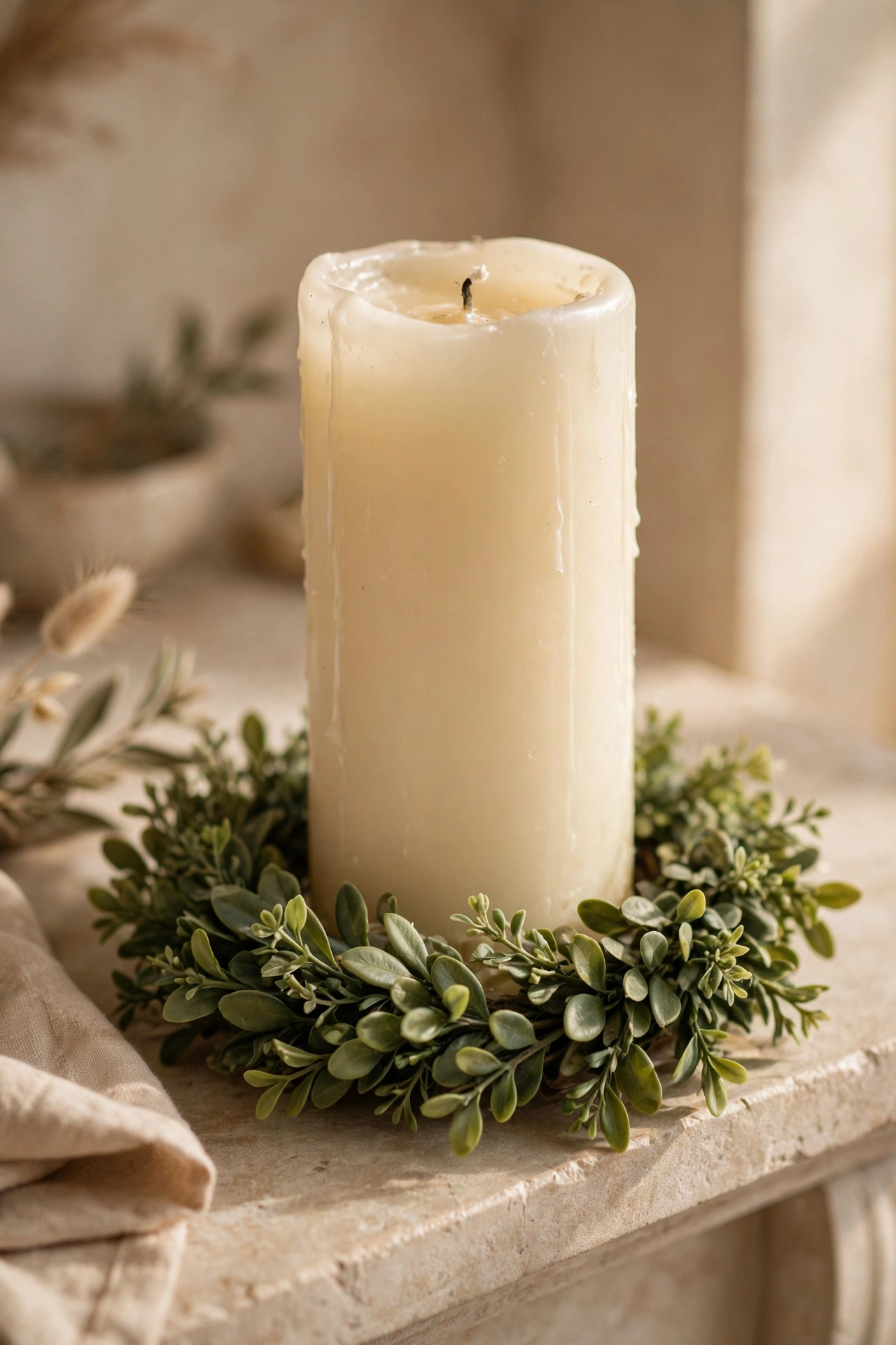 faux greenery ring hugging base of cream pillar candle