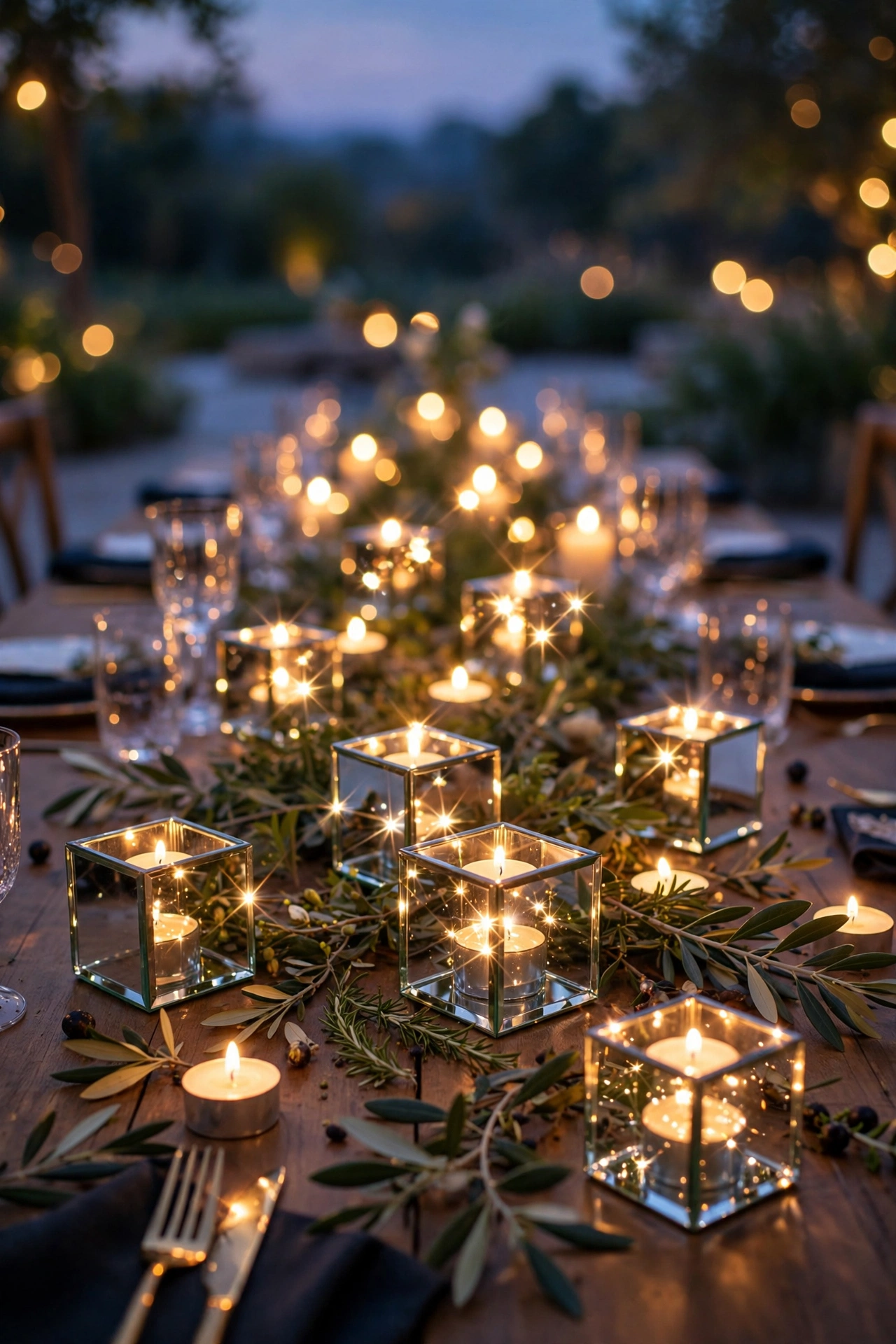 small mirrored cube candle holders scattered with tea lights