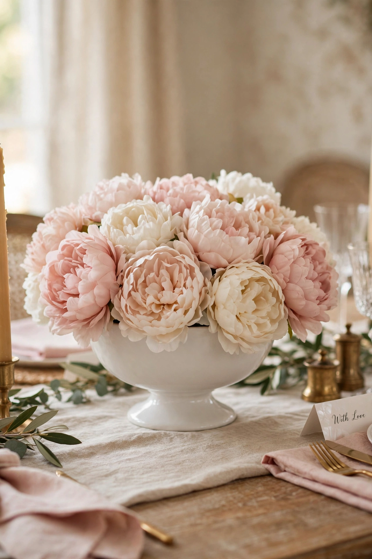 low lush faux peony arrangement in footed bowl