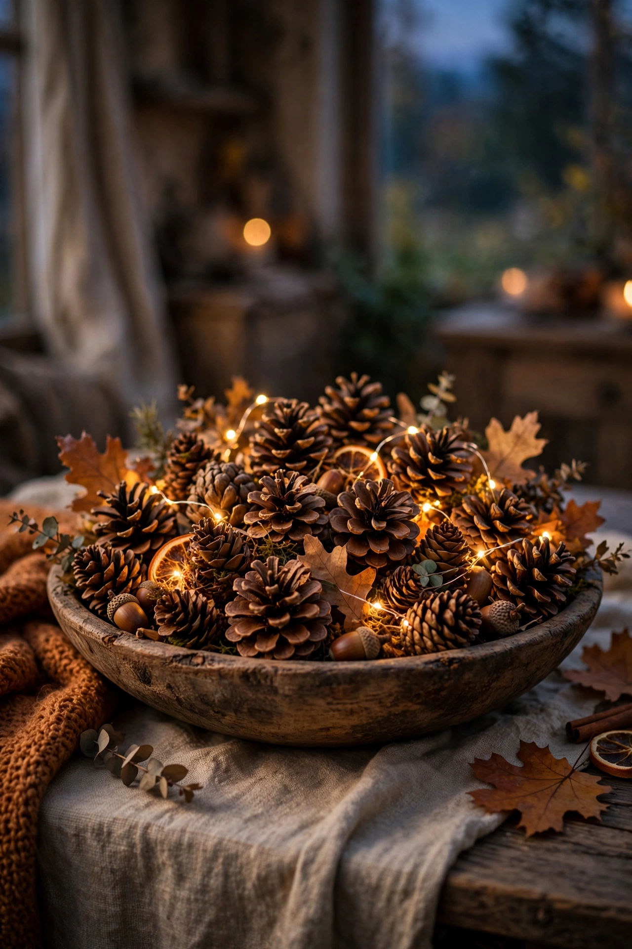 wide bowl of pinecones with warm fairy lights woven through
