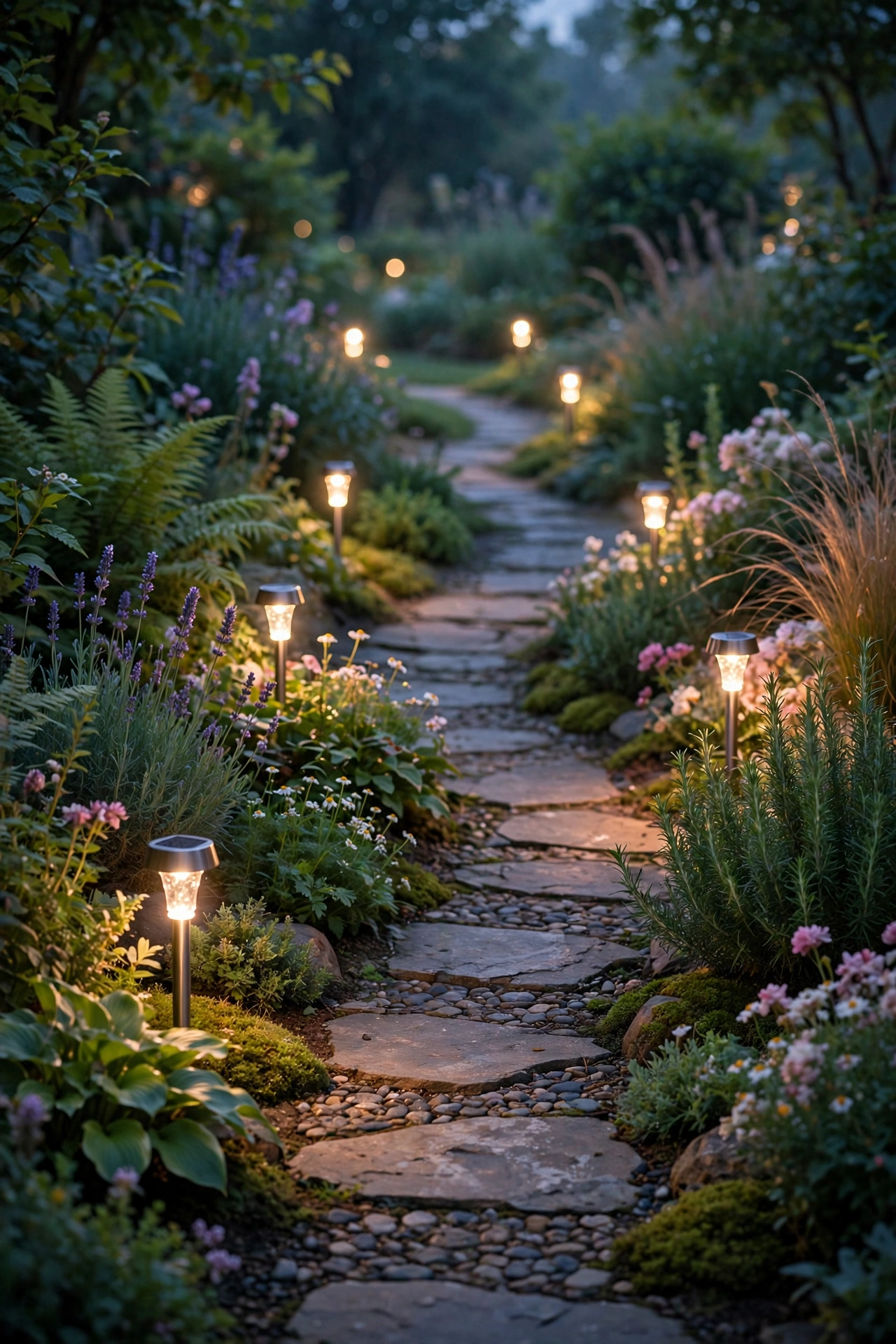 solar stake lights glowing along garden path at dusk, dollar store patio finds