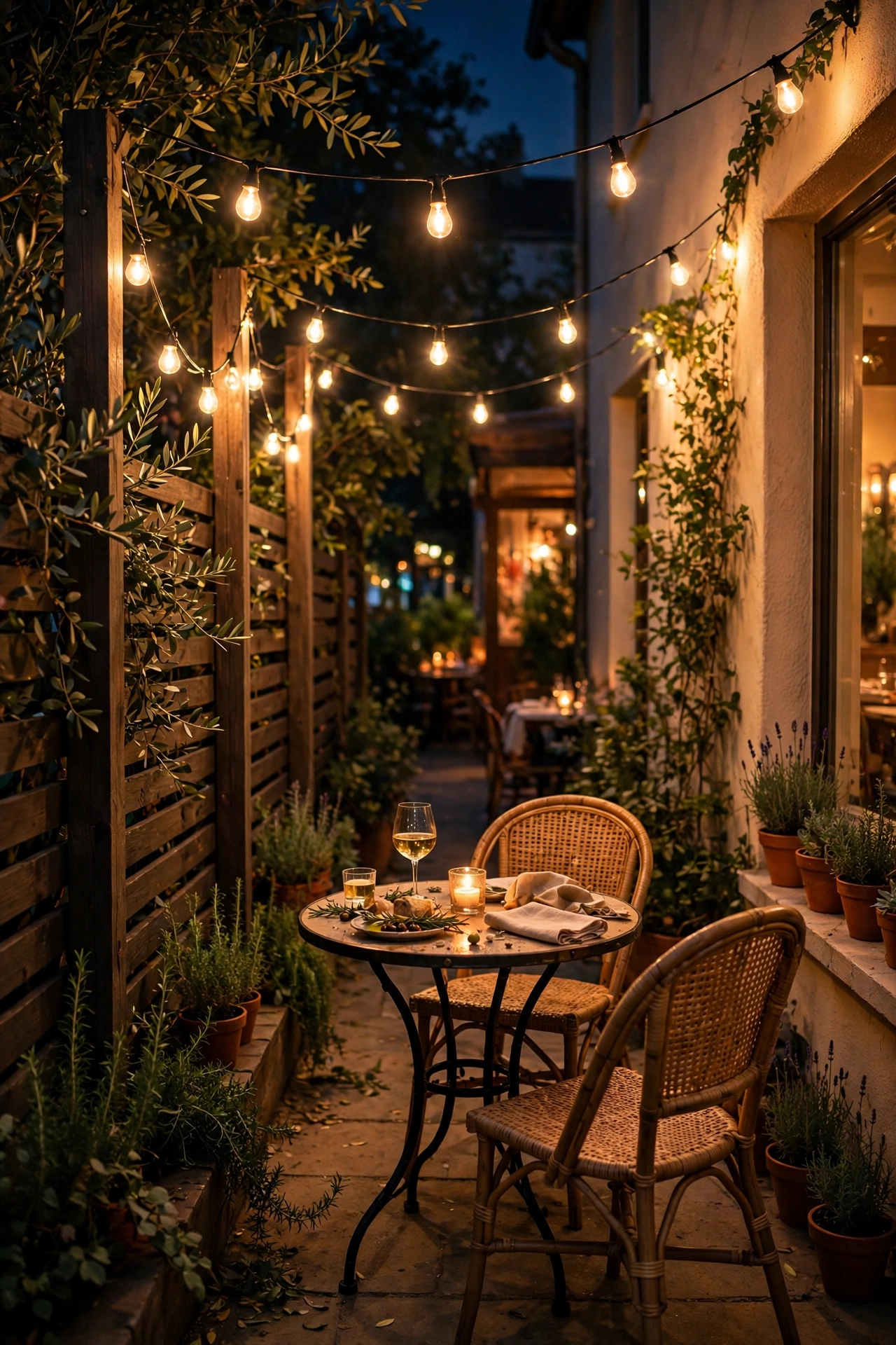 warm string lights swagged overhead on small patio at night