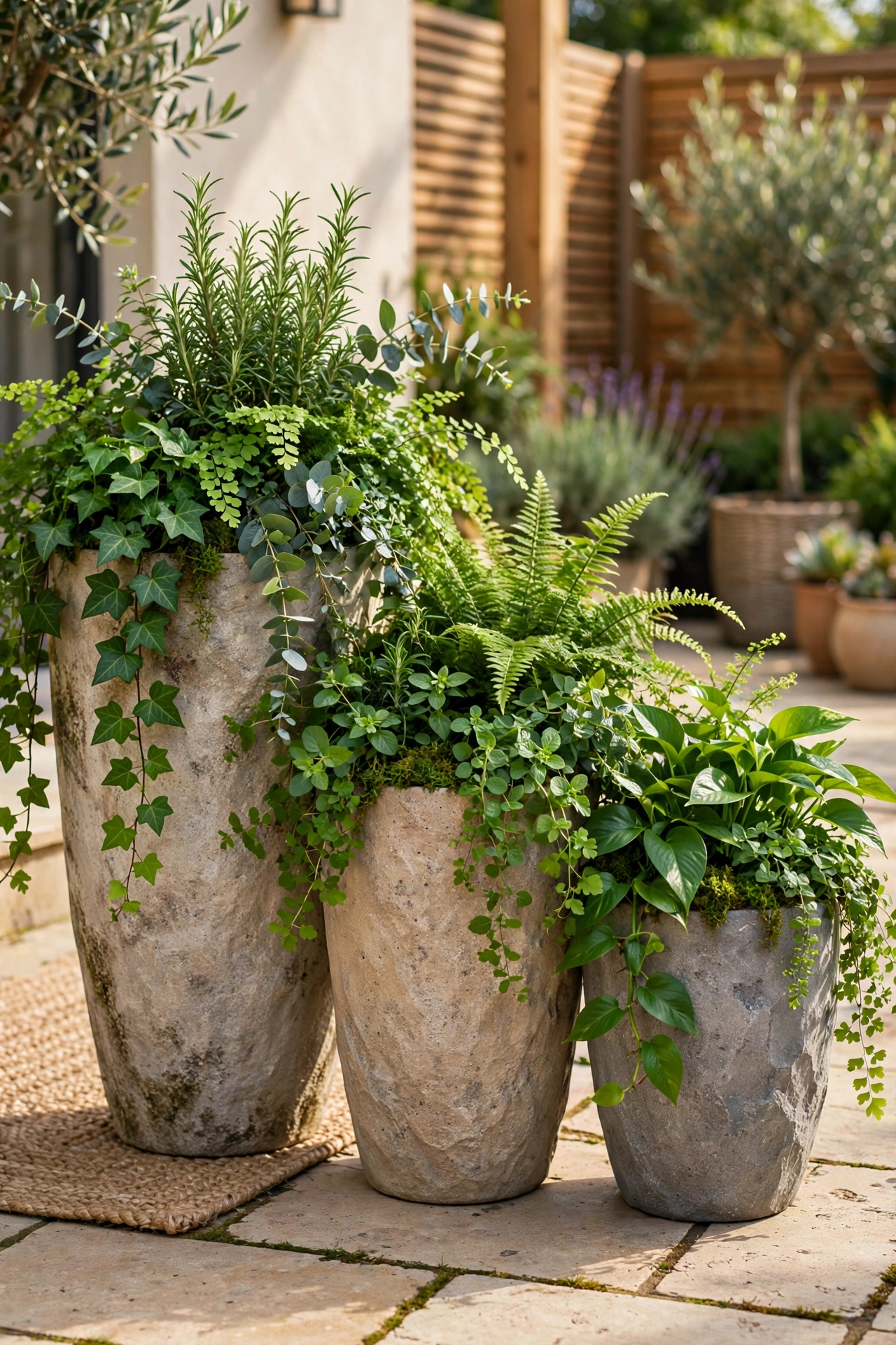 grouping of resin planters that look like stone with green plants