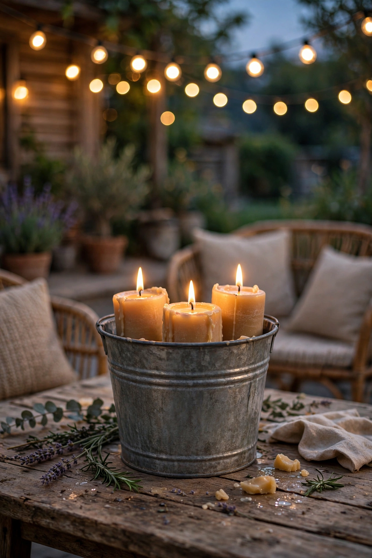 metal citronella candle buckets on patio table at dusk