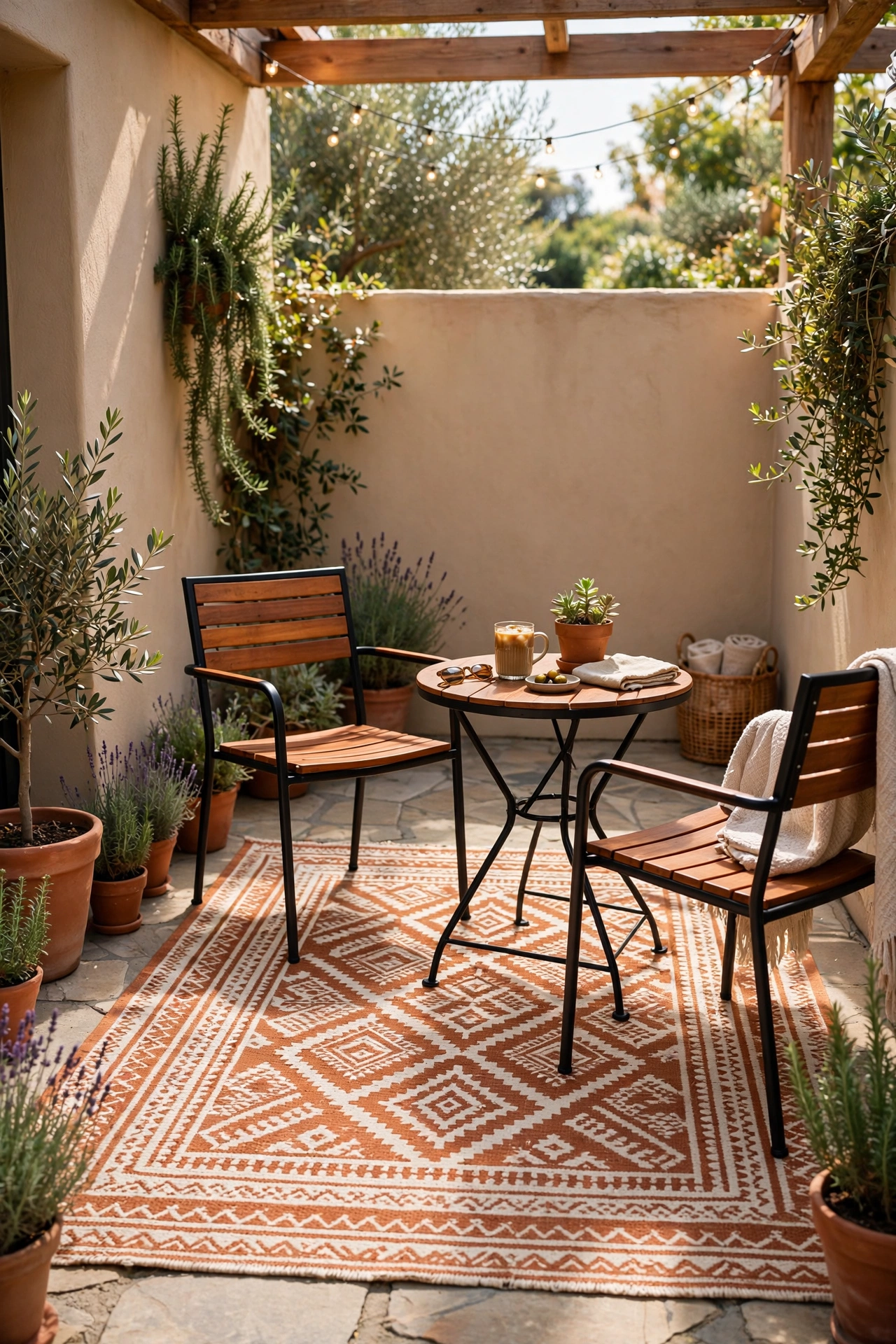 flat weave outdoor rug defining patio seating zone